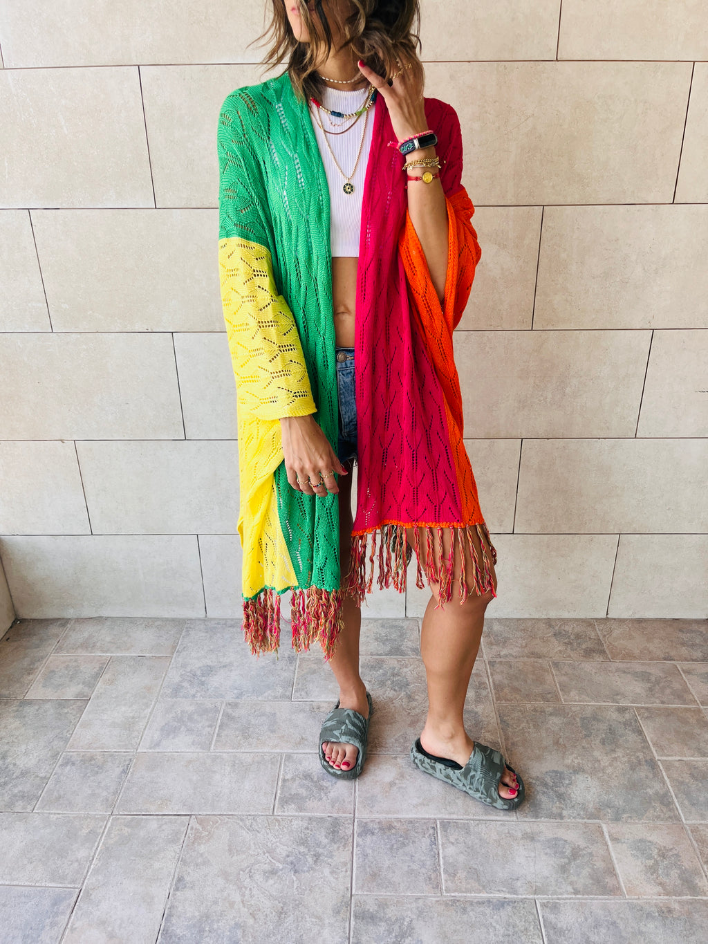 Green Fringe Away Relaxed Crochet Kimono
