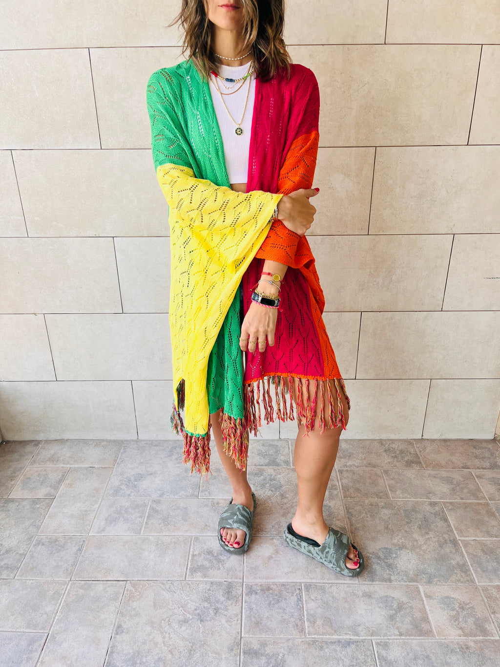 Green Fringe Away Relaxed Crochet Kimono