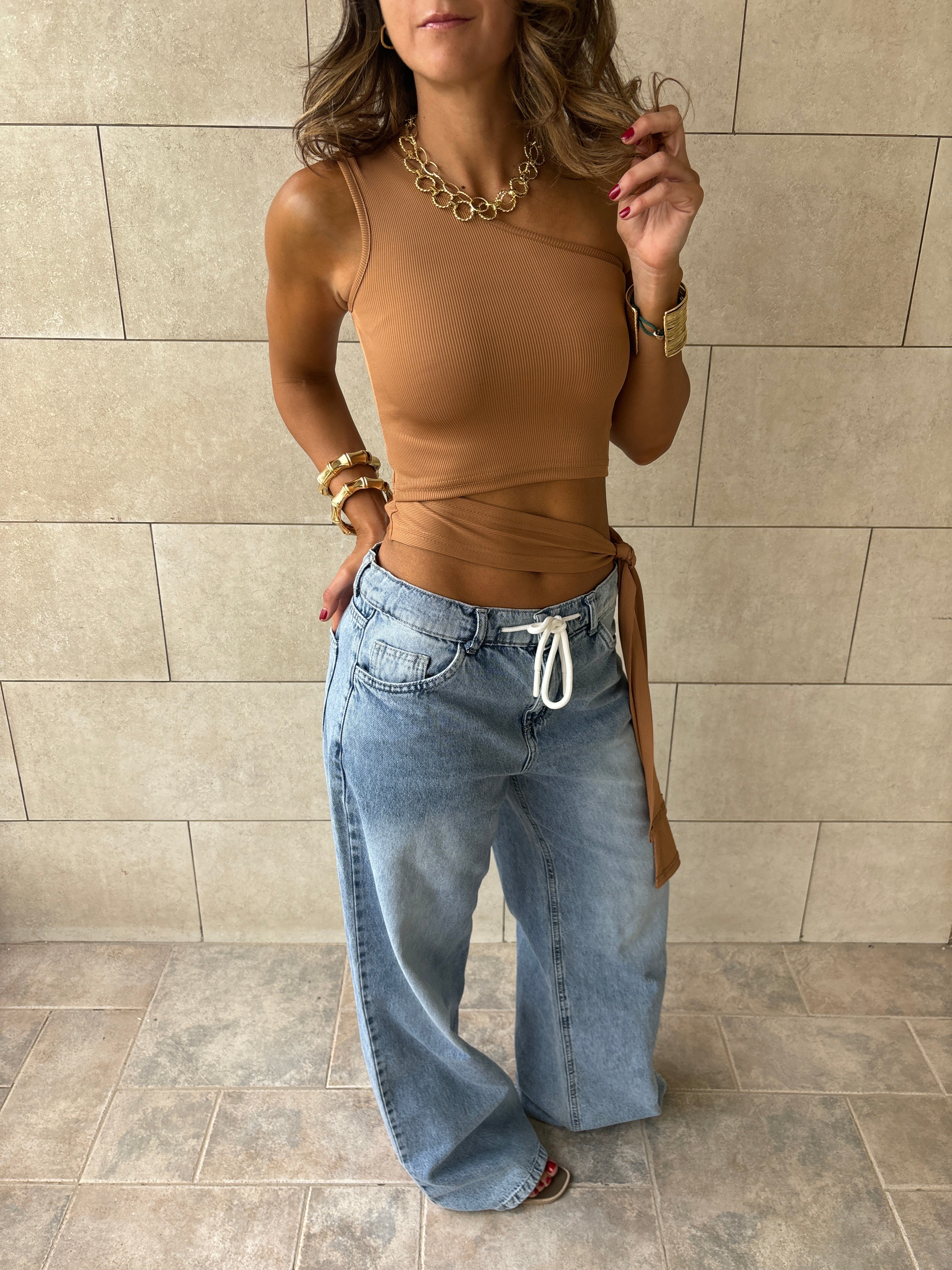 Cafe 130 One Shoulder Tie Top