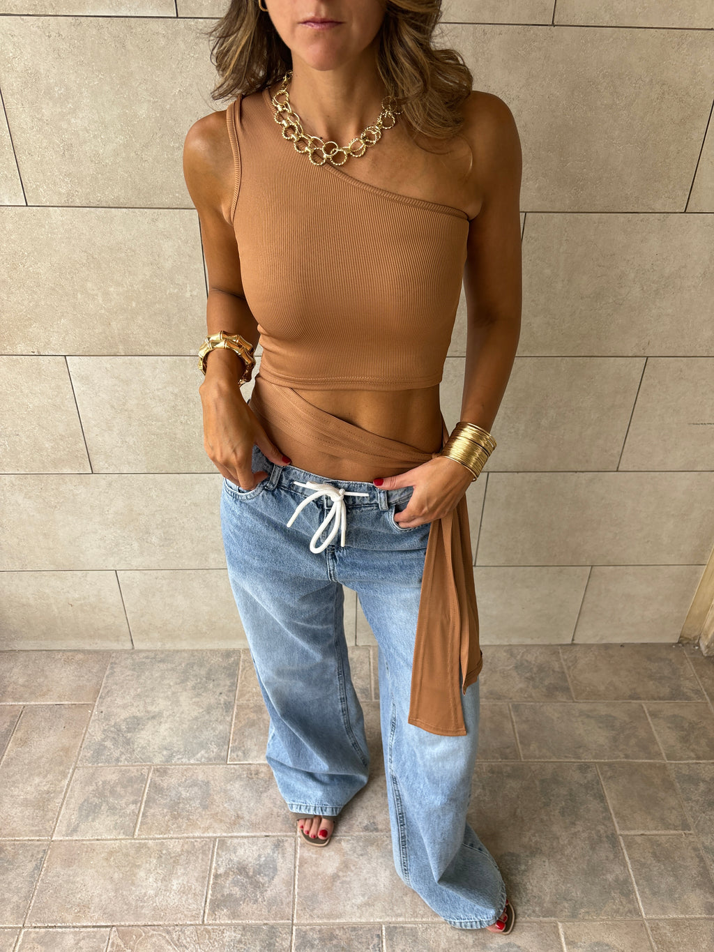 Cafe 130 One Shoulder Tie Top