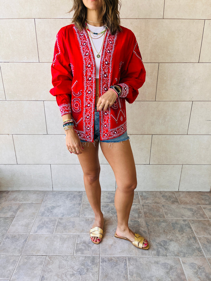 Red Fine China Linen Embroidered Shirt