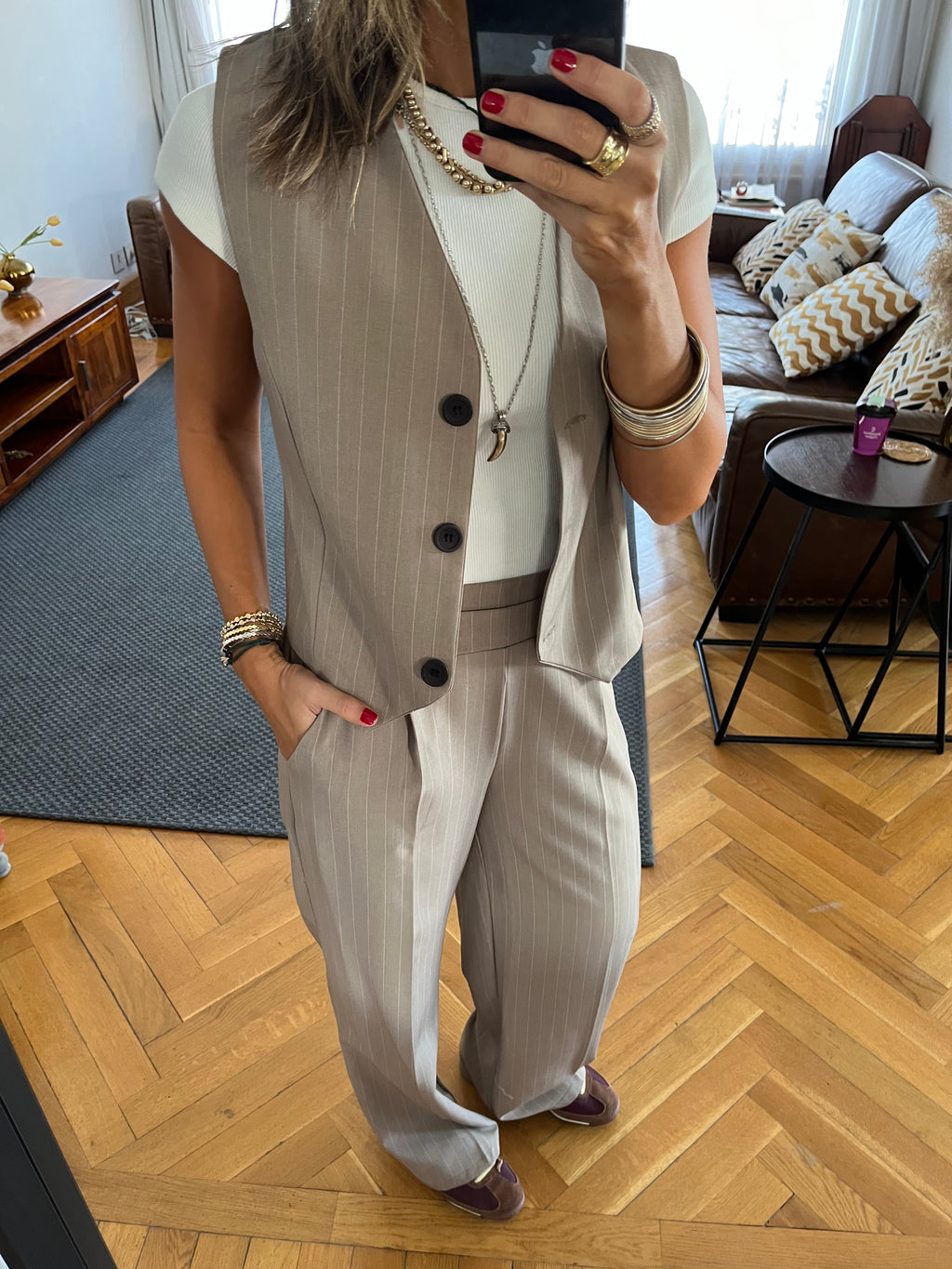 Cafe Striped Frillu Signature Vest