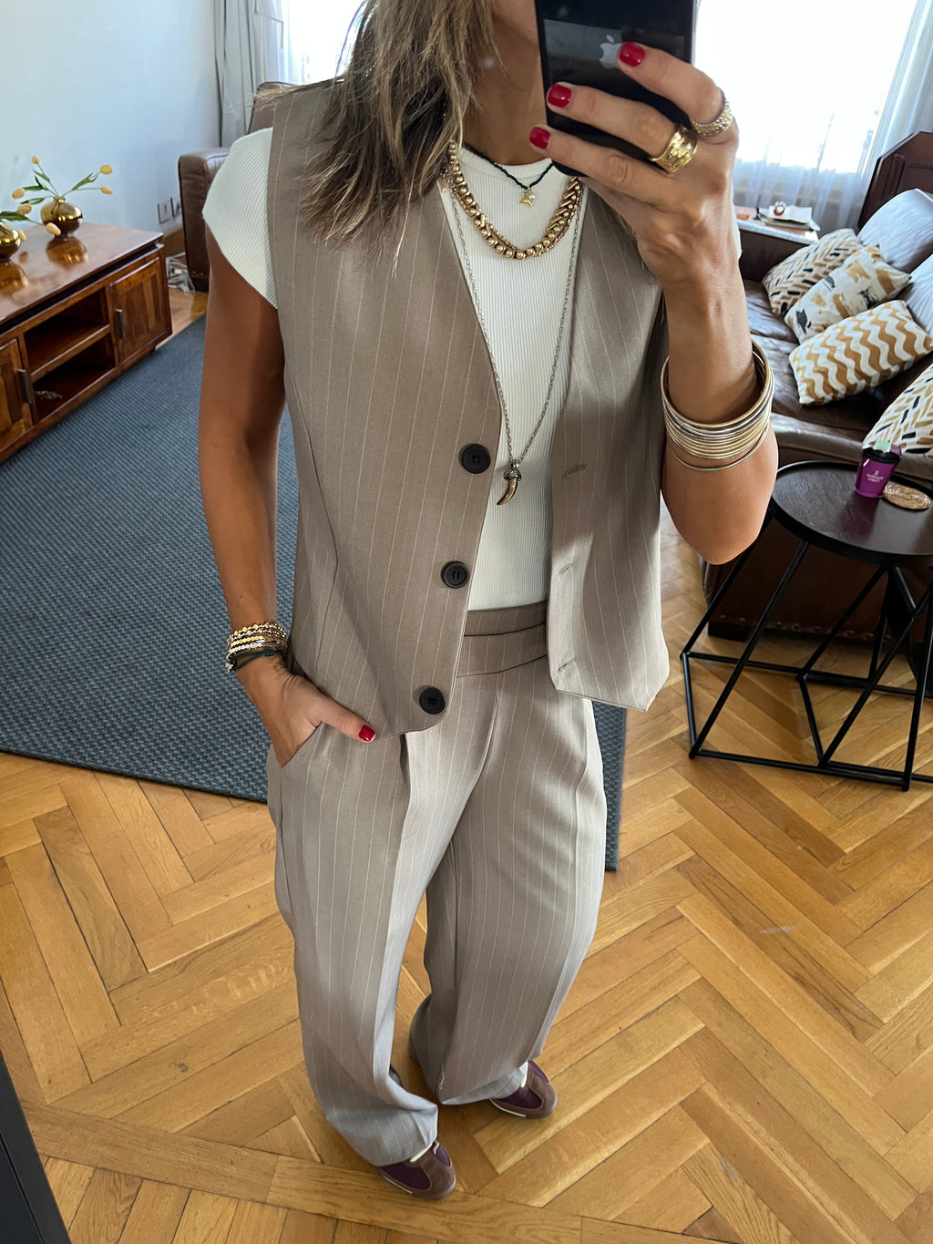 Cafe Striped Frillu Signature Pants