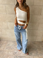 White 130 One Shoulder Tie Top