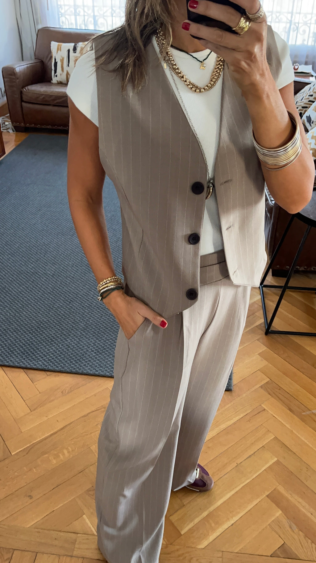 Cafe Striped Frillu Signature Vest