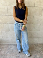 Navy 101 Interknit V Ribbed Top