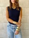 Navy 101 Interknit V Ribbed Top