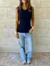 Navy 101 Interknit V Ribbed Top