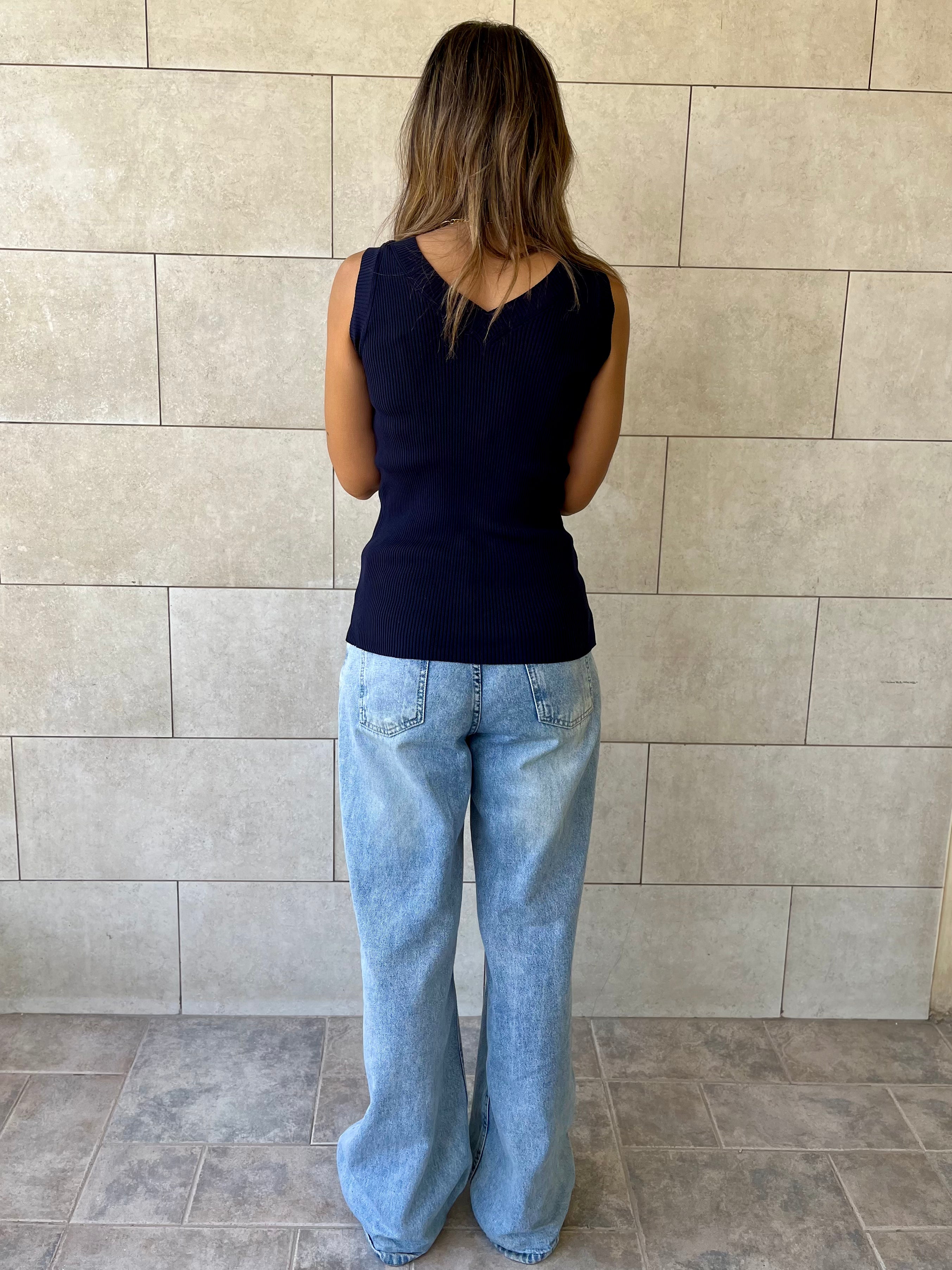 Navy 101 Interknit V Ribbed Top