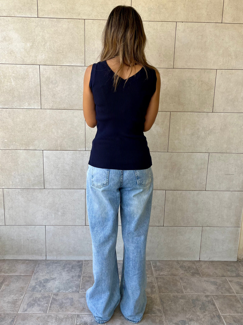 Navy 101 Interknit V Ribbed Top