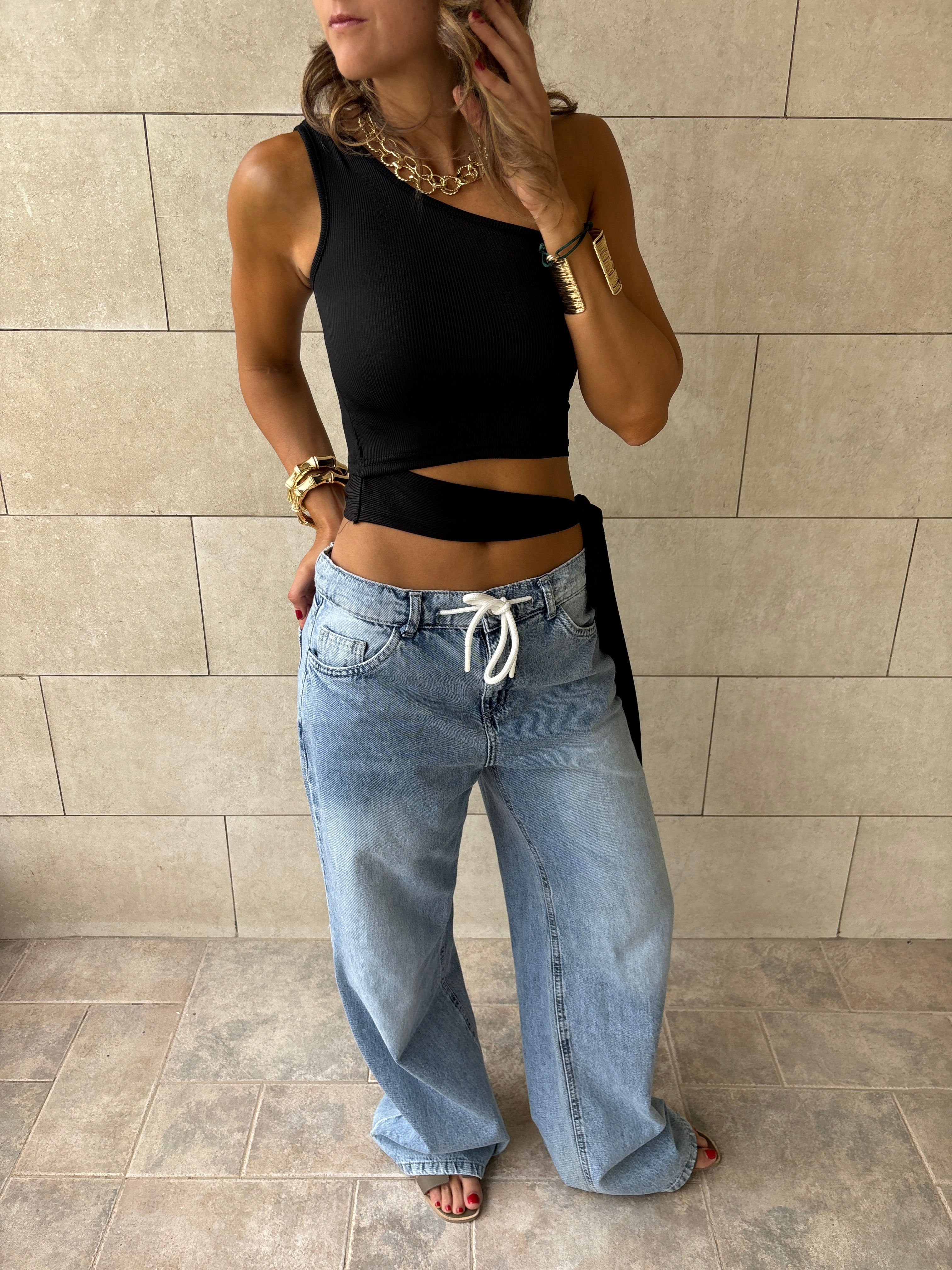 Black 130 One Shoulder Tie Top