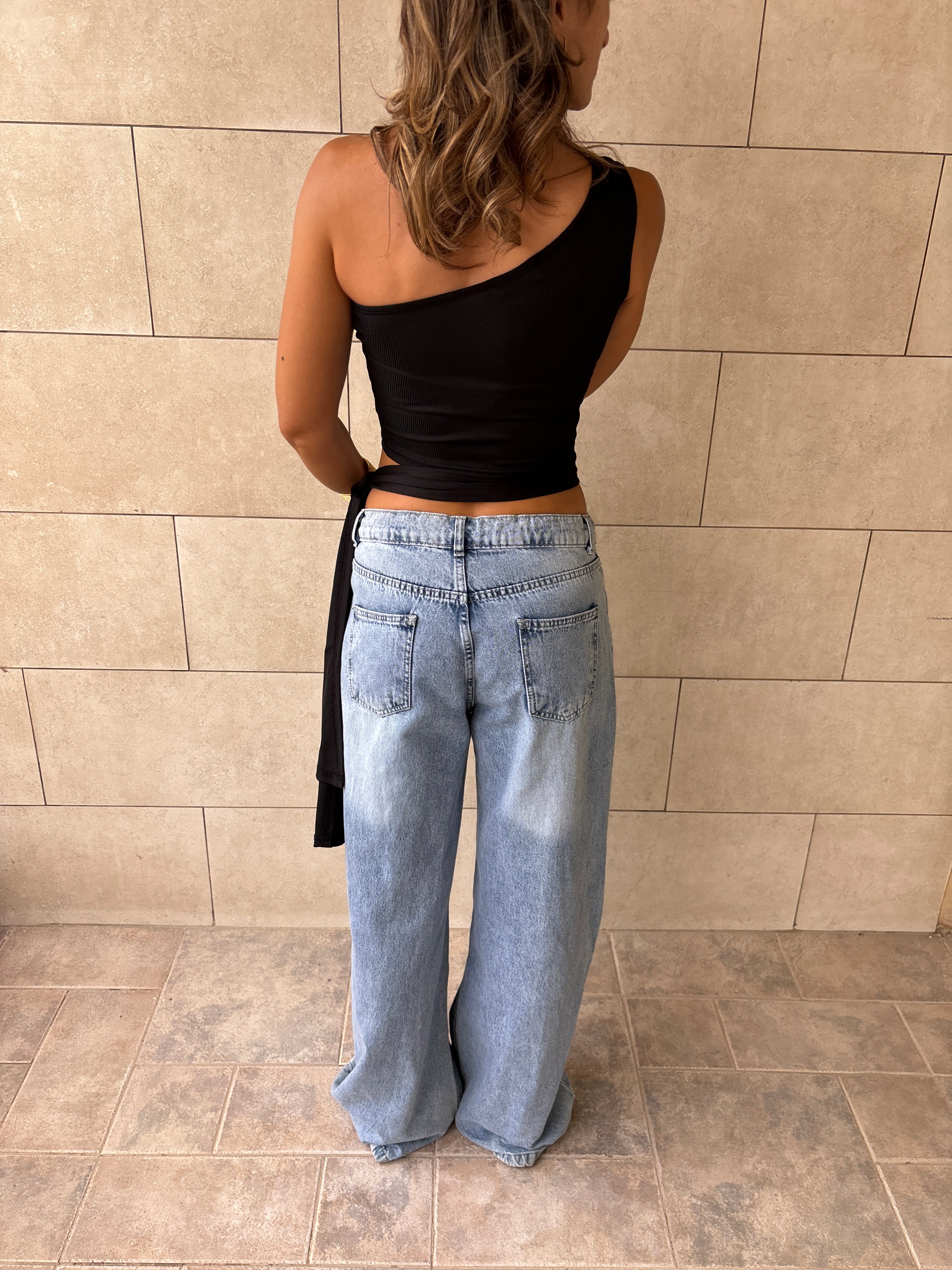 Black 130 One Shoulder Tie Top