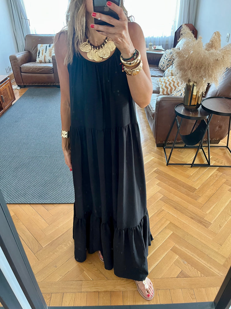 Black Simple Style Tiered Dress