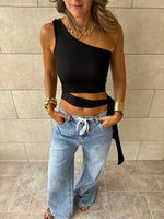 Black 130 One Shoulder Tie Top