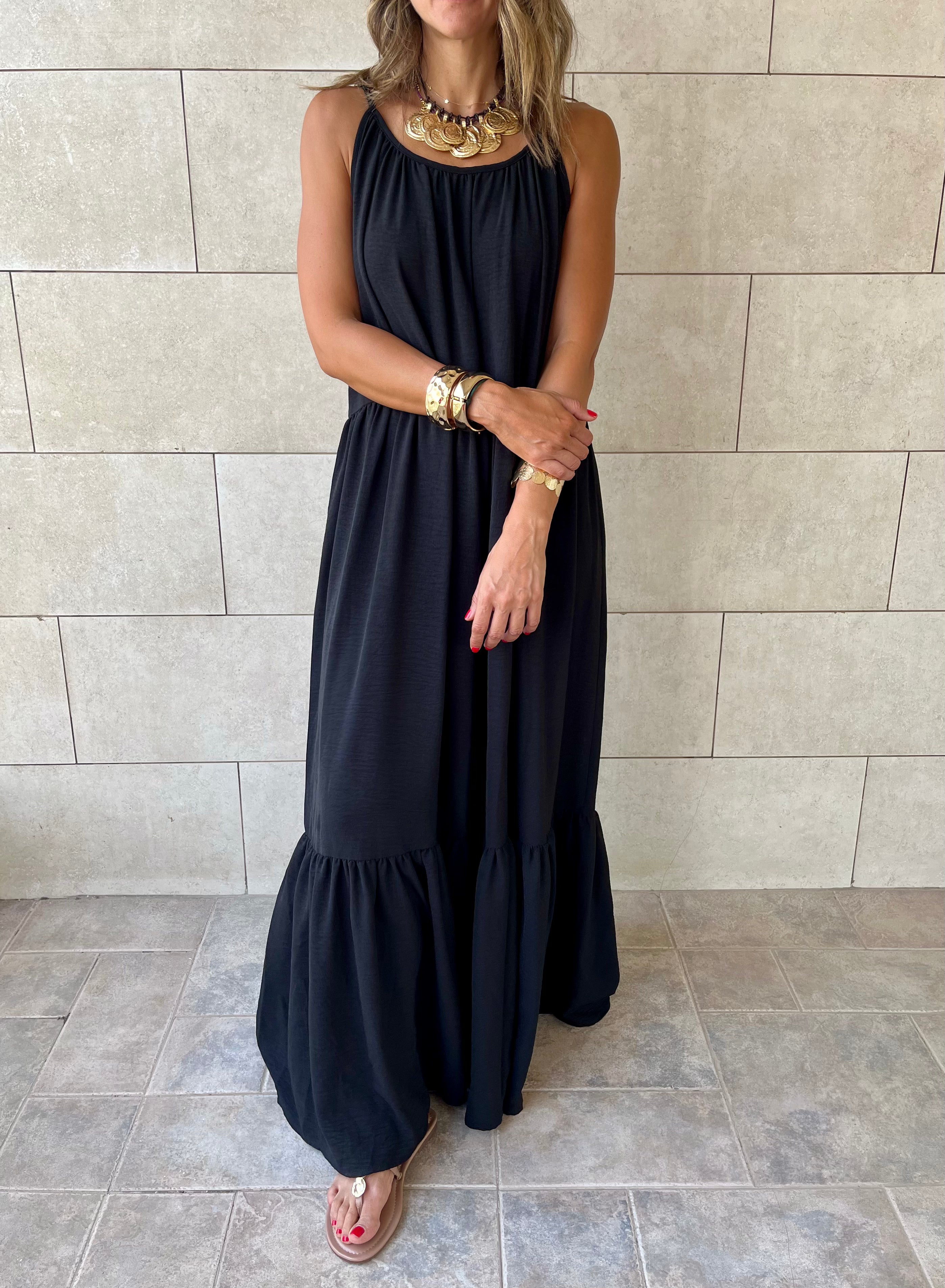 Black Simple Style Tiered Dress