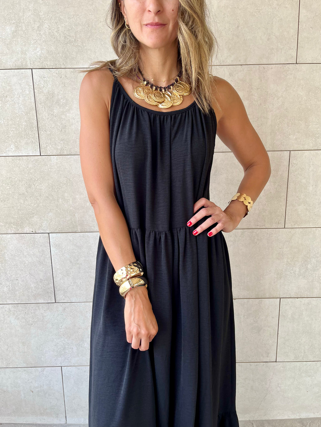 Black Simple Style Tiered Dress