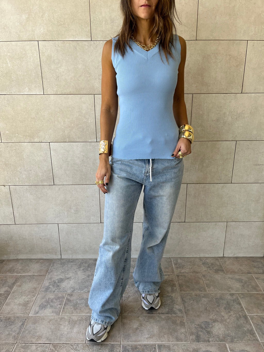 Baby Blue 101 Interknit V Ribbed Top