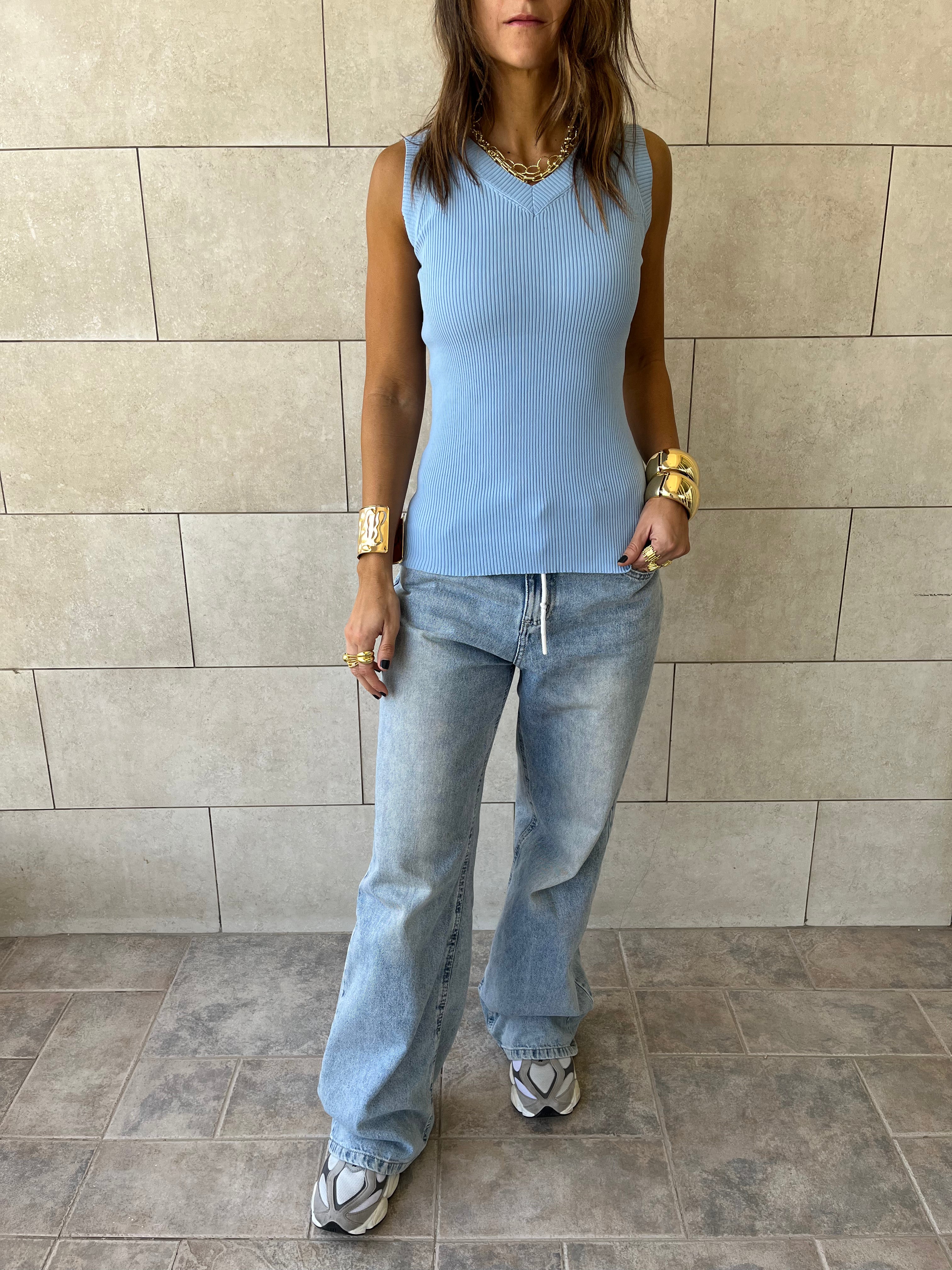 Baby Blue 101 Interknit V Ribbed Top