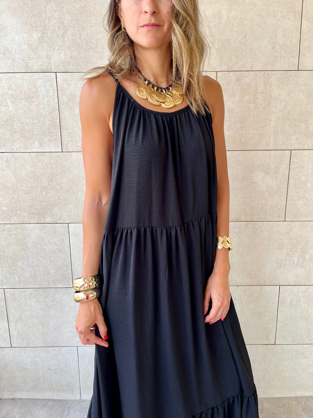 Black Simple Style Tiered Dress