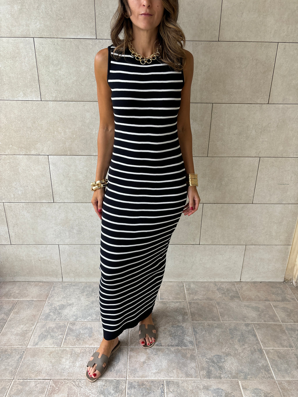 Black 101 Interknit Striped Long Basic Dress