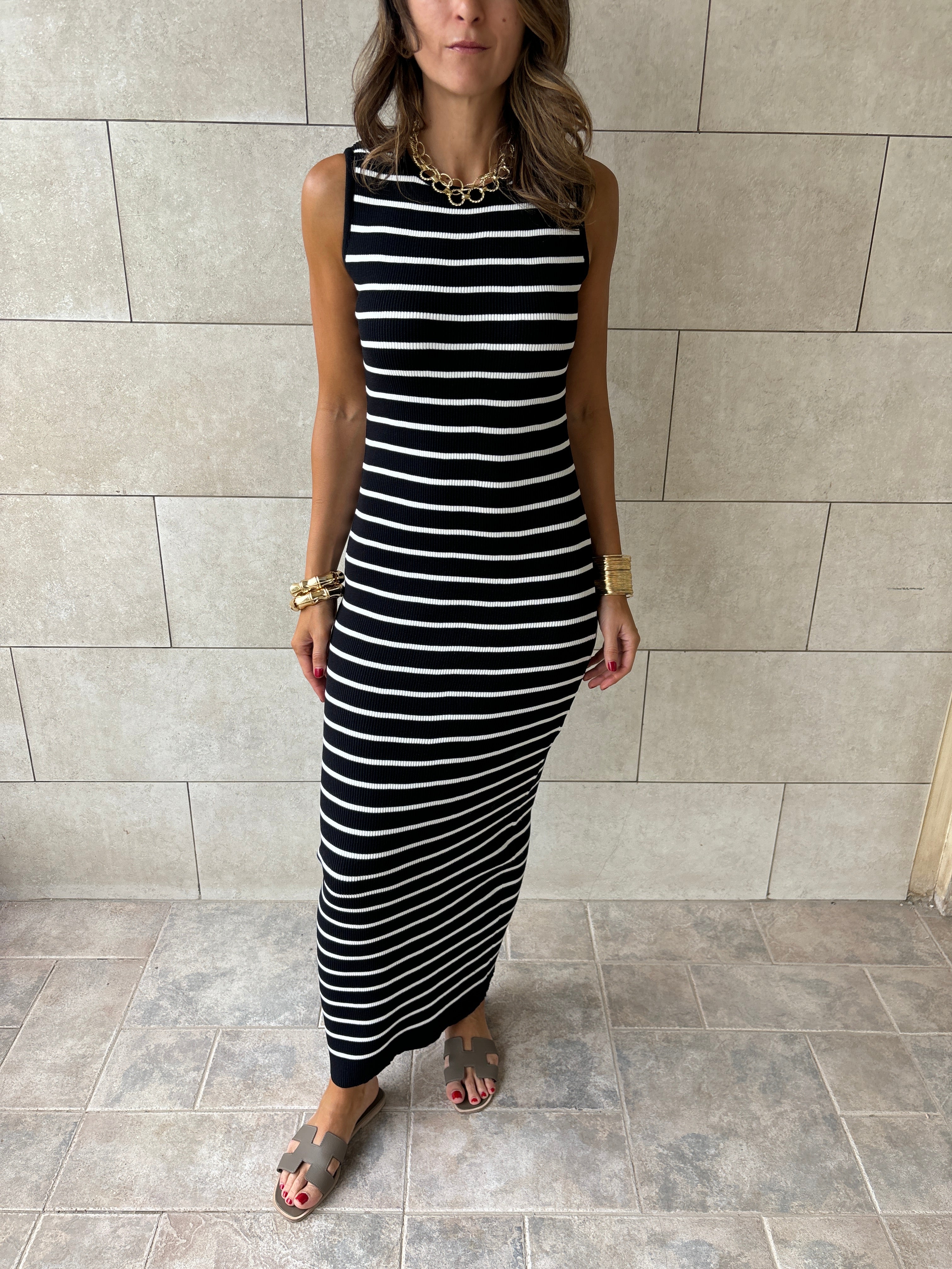 Black 101 Interknit Striped Long Basic Dress