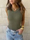Olive 101 Interknit V Ribbed Top
