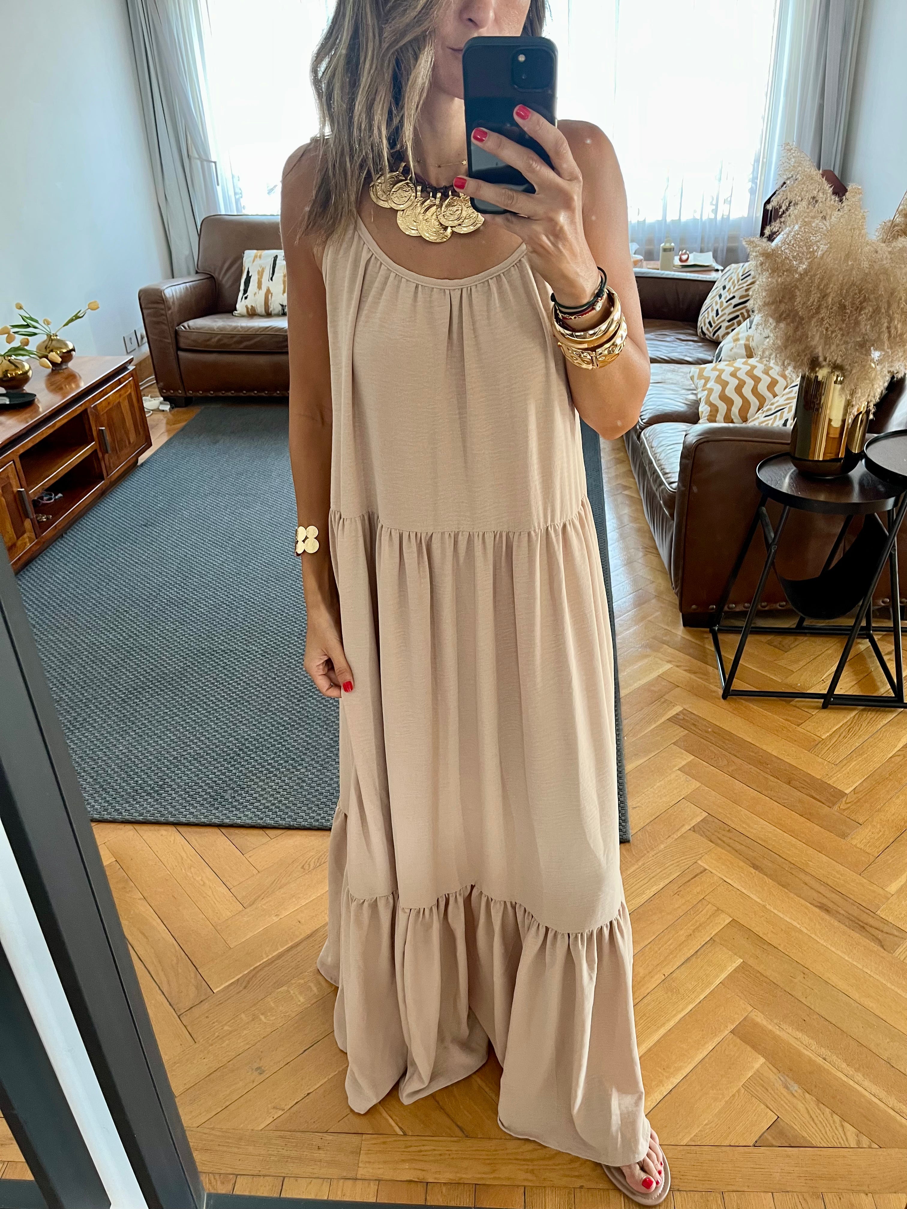 Beige Simple Style Tiered Dress