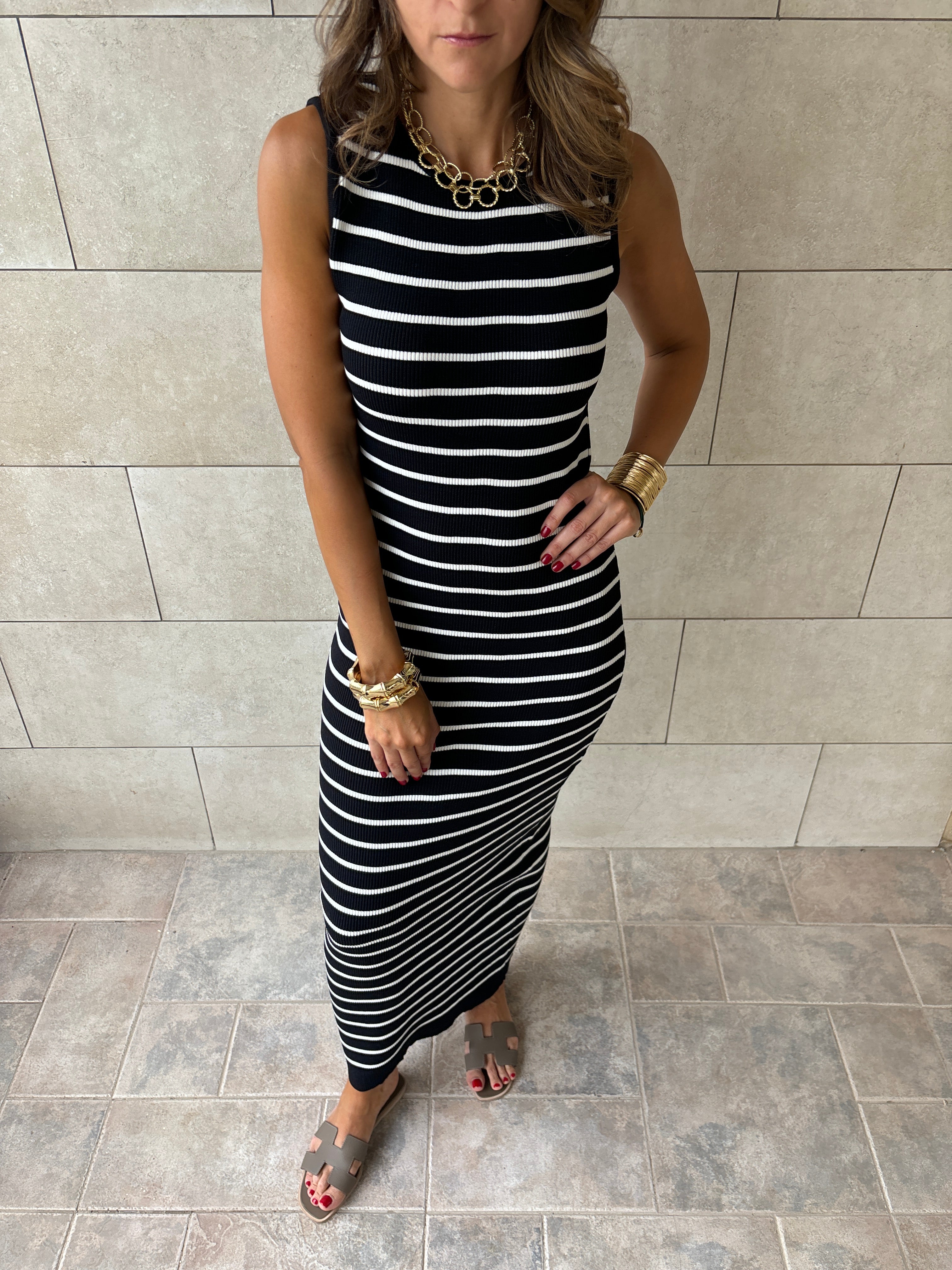 Black 101 Interknit Striped Long Basic Dress