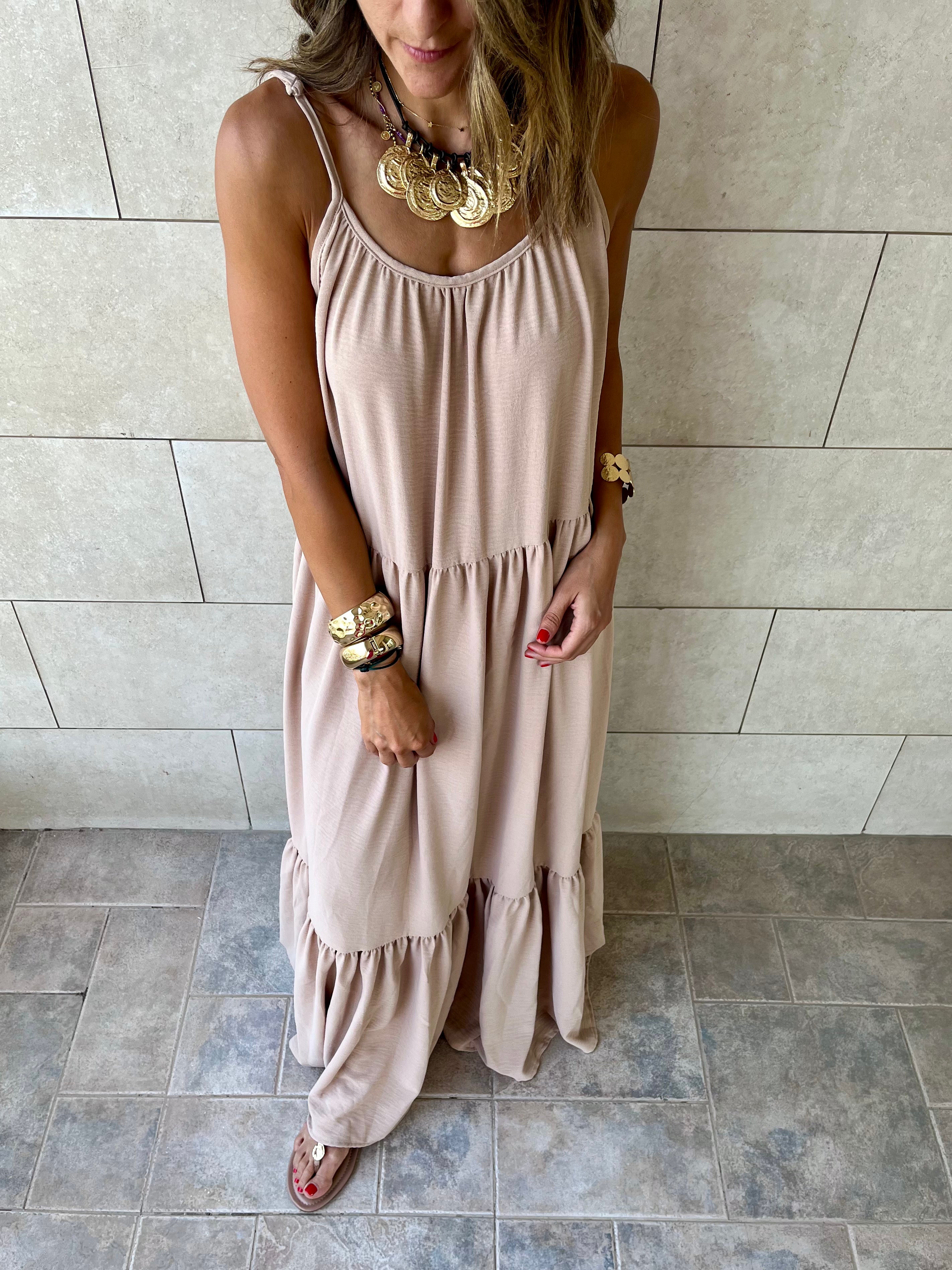 Beige Simple Style Tiered Dress