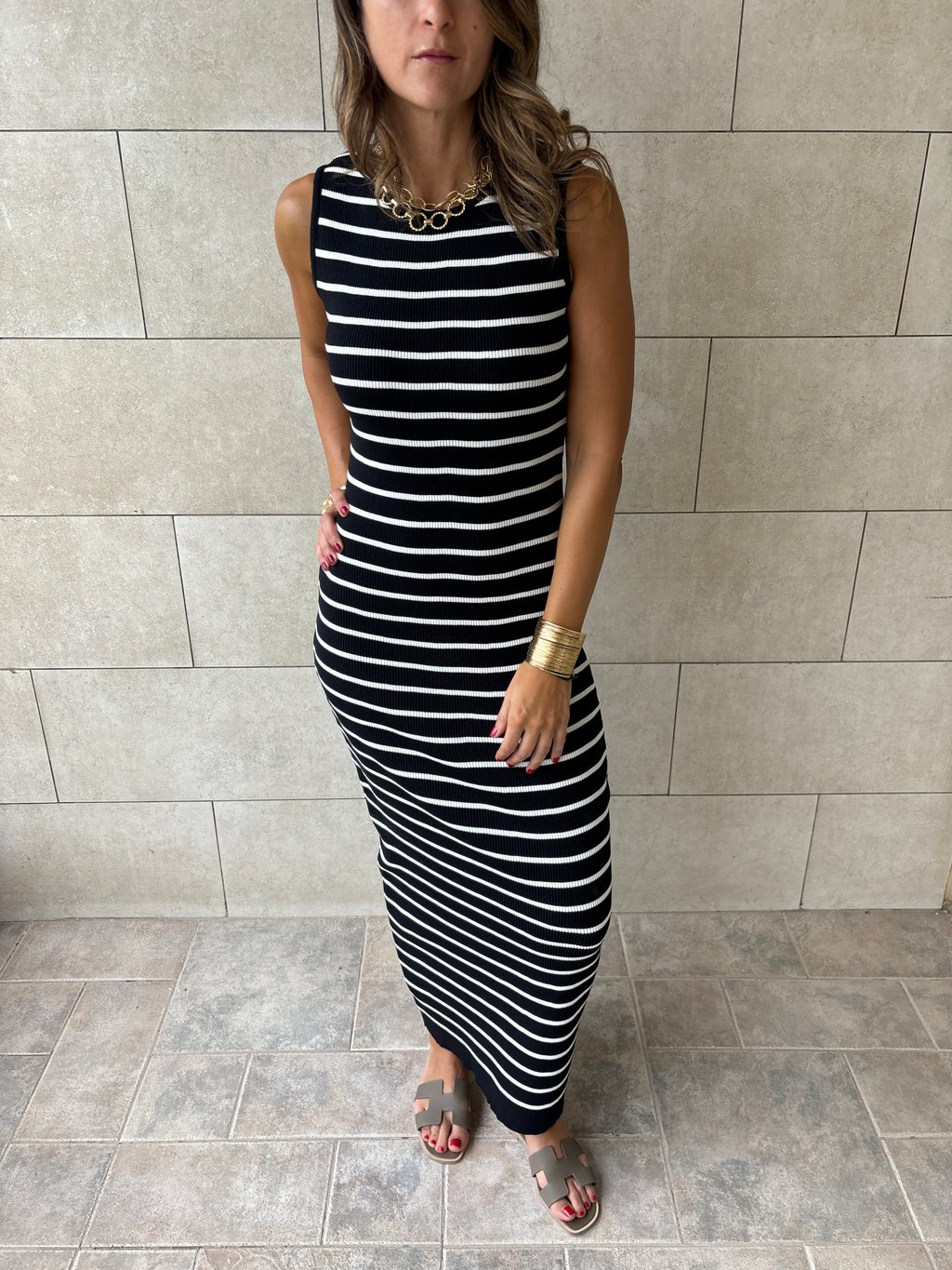 Black 101 Interknit Striped Long Basic Dress