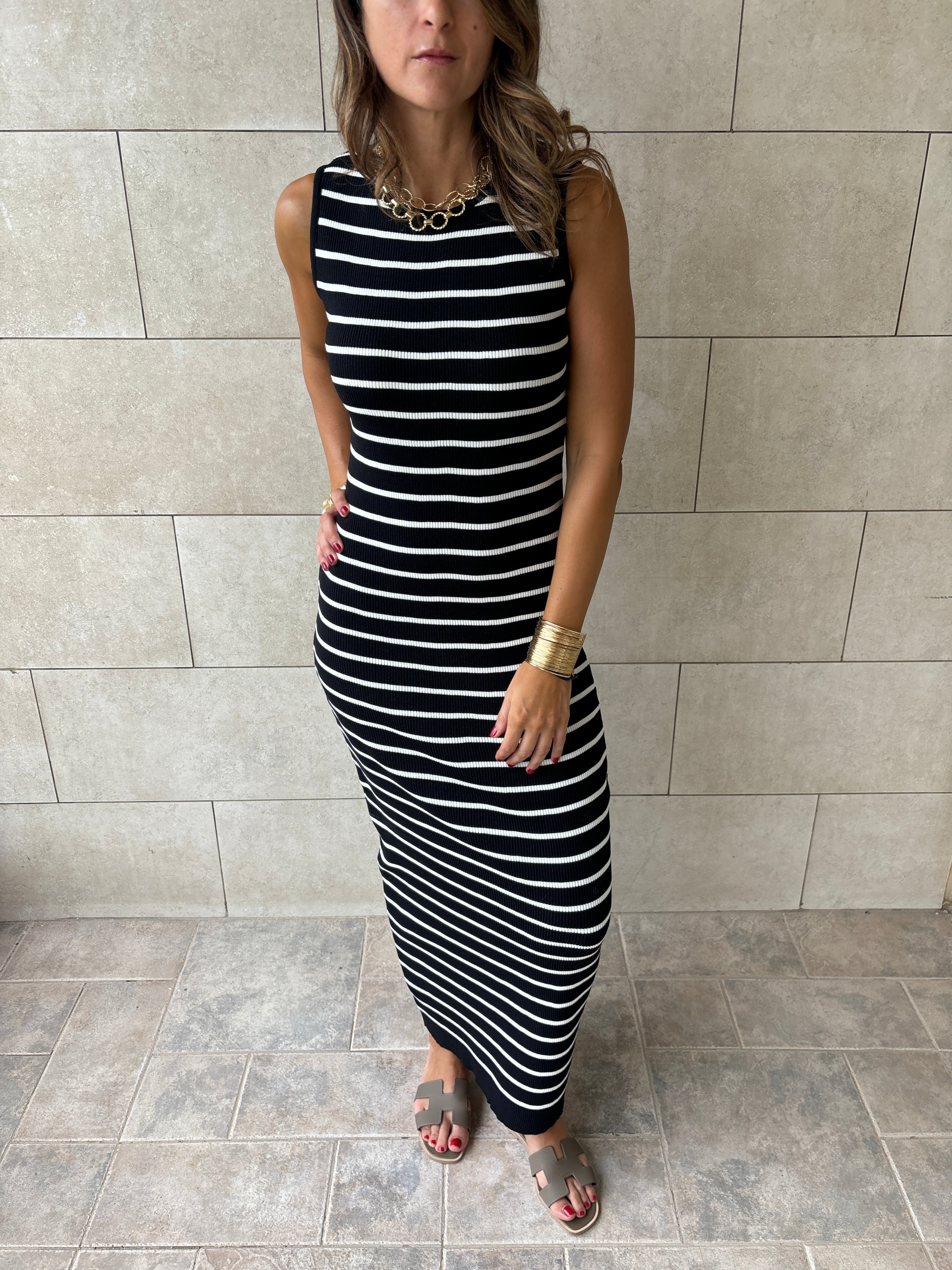 Black 101 Interknit Striped Long Basic Dress