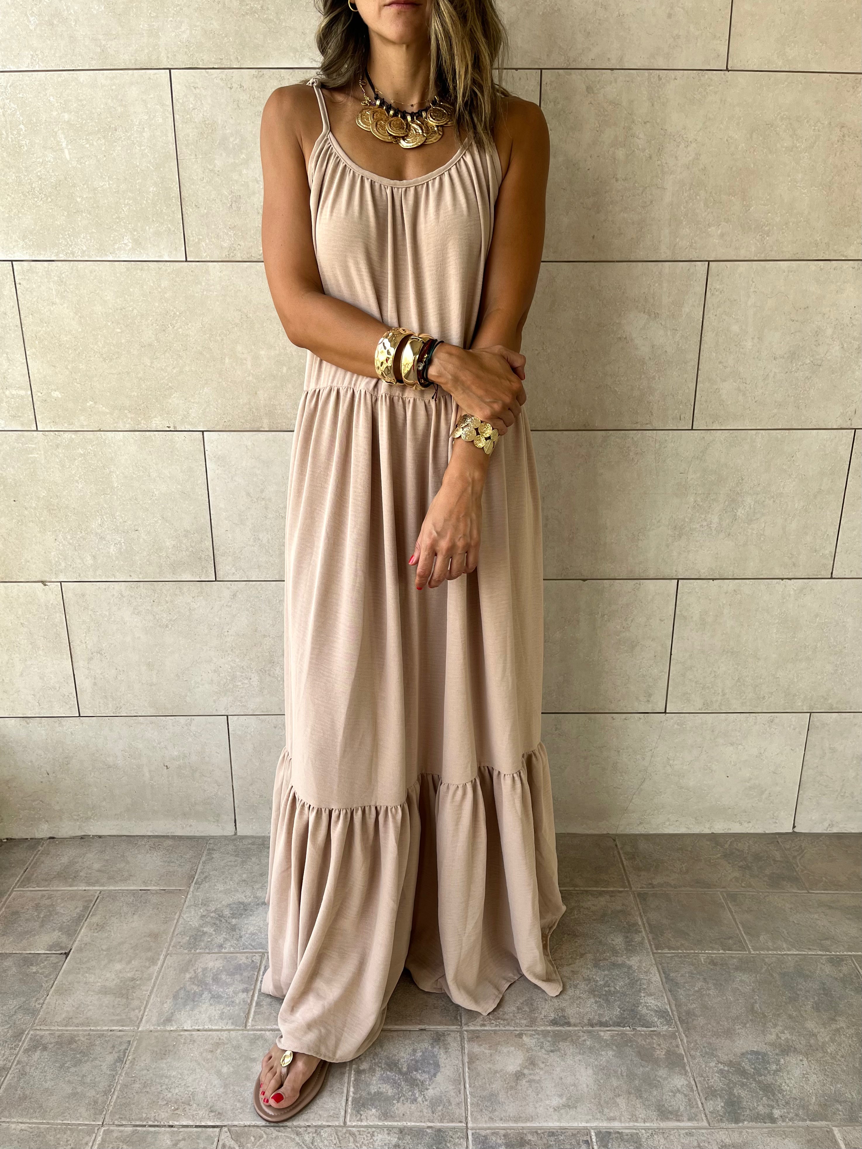 Beige Simple Style Tiered Dress