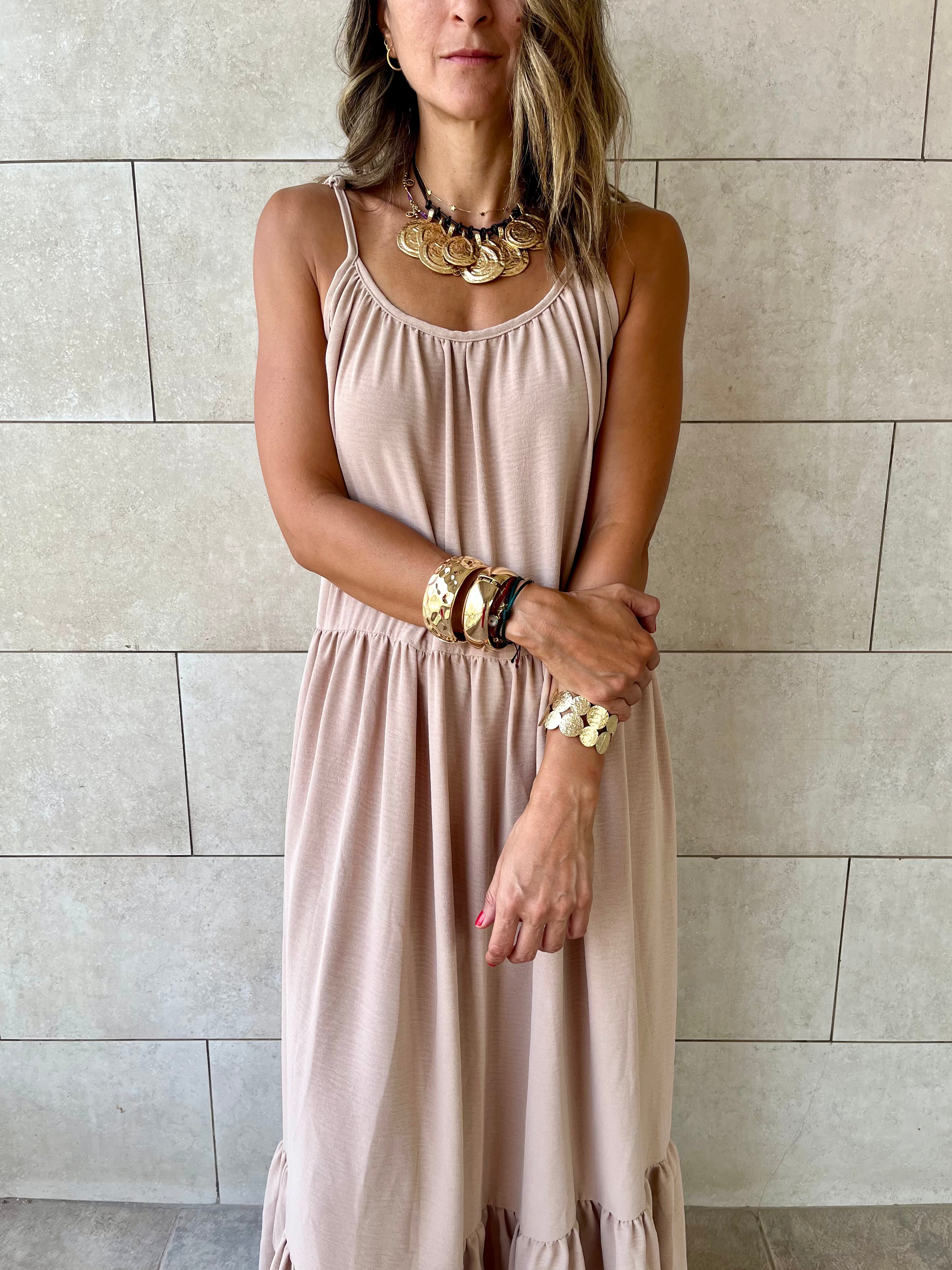 Beige Simple Style Tiered Dress