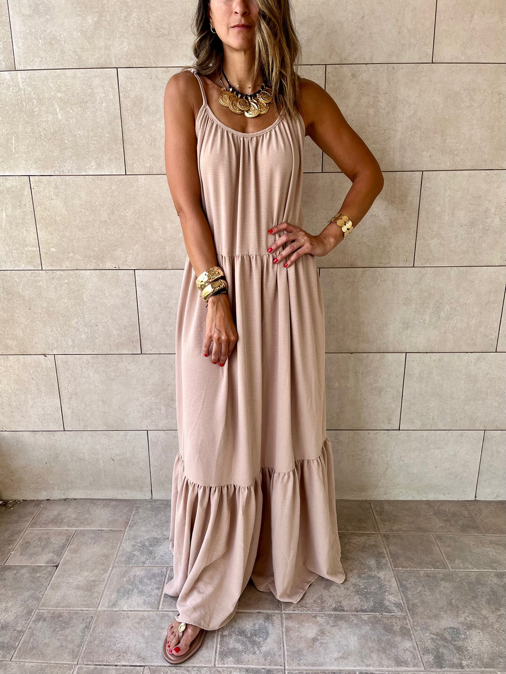 Beige Simple Style Tiered Dress