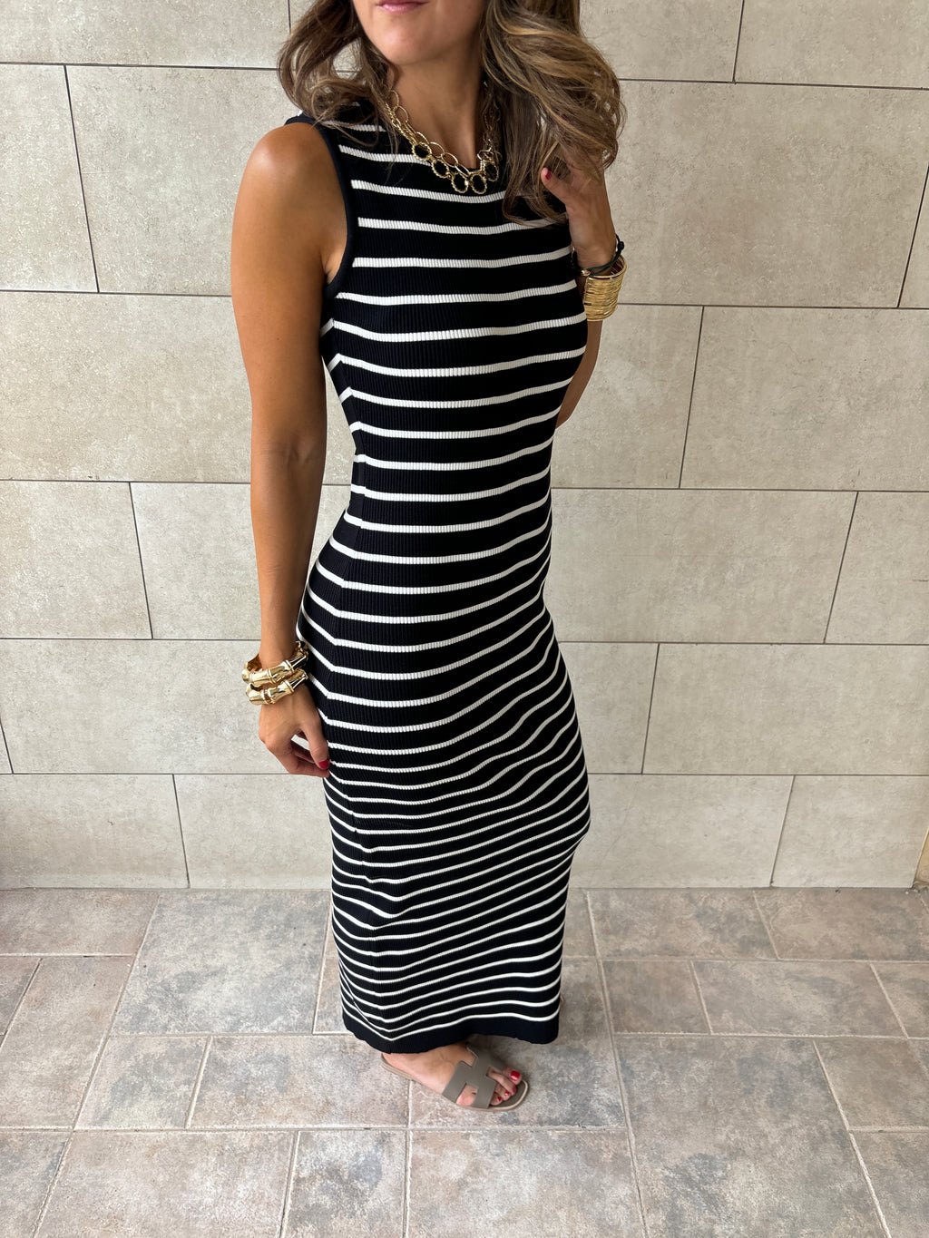 Black 101 Interknit Striped Long Basic Dress