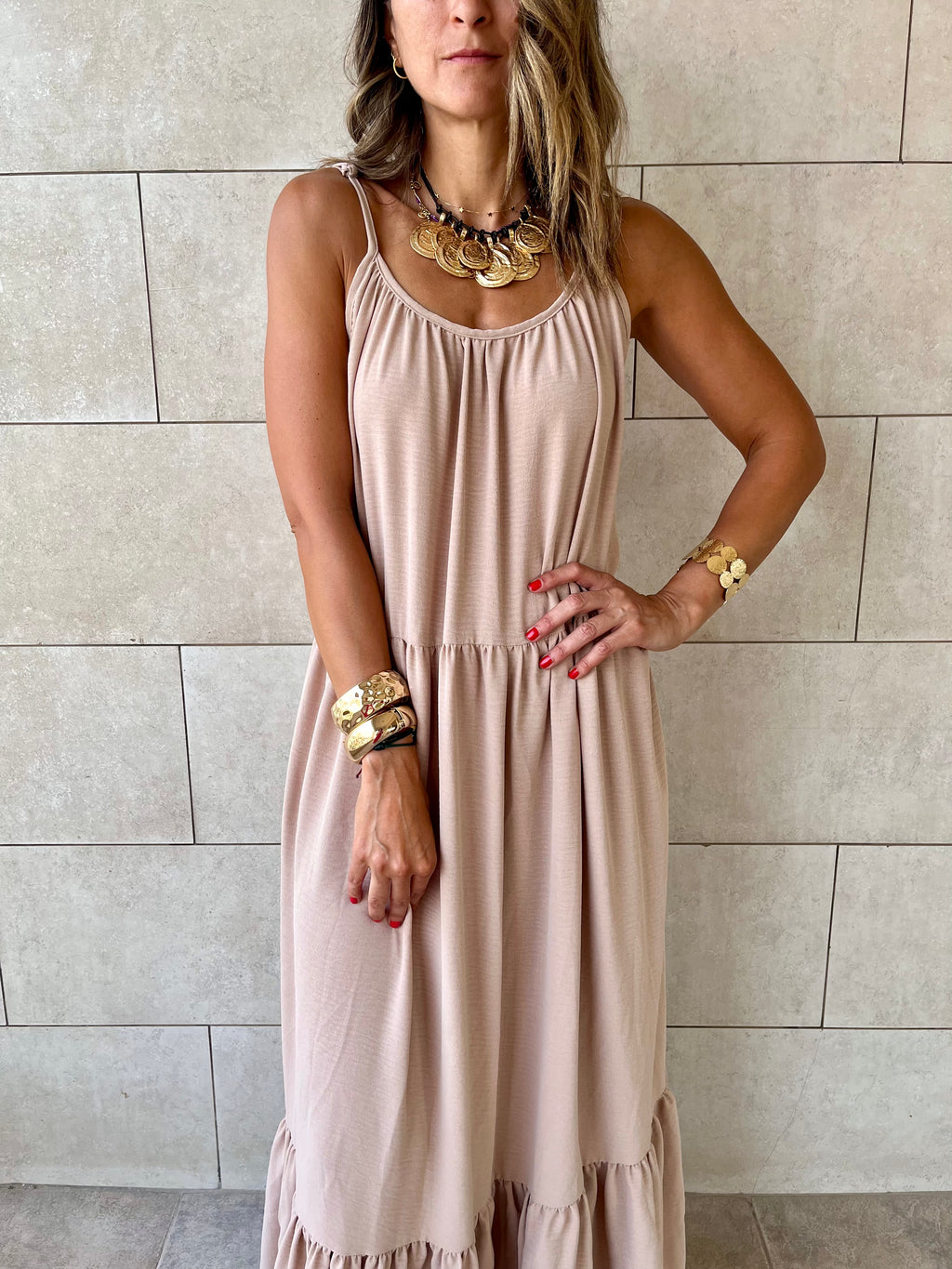 Beige Simple Style Tiered Dress