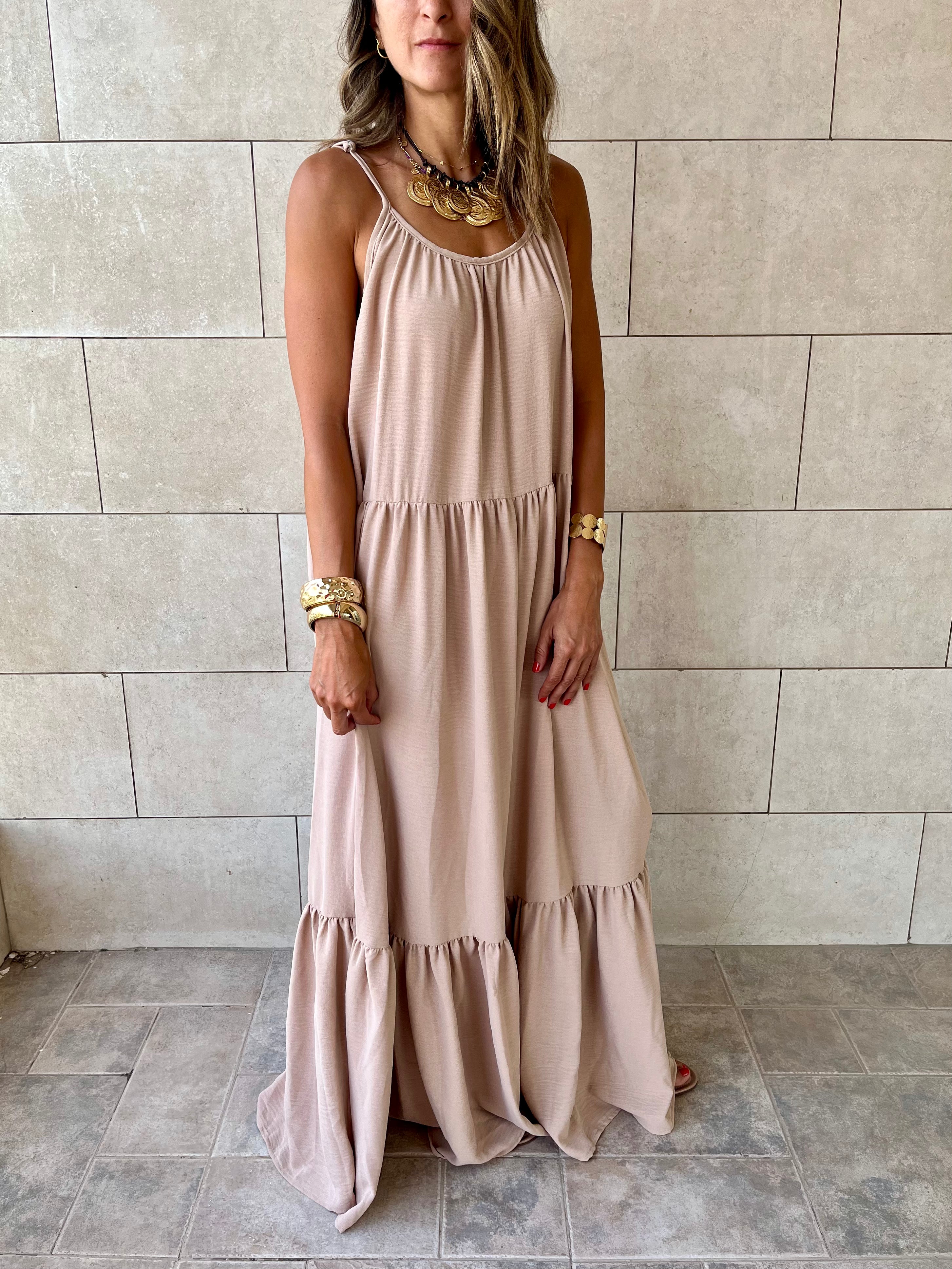 Beige Simple Style Tiered Dress