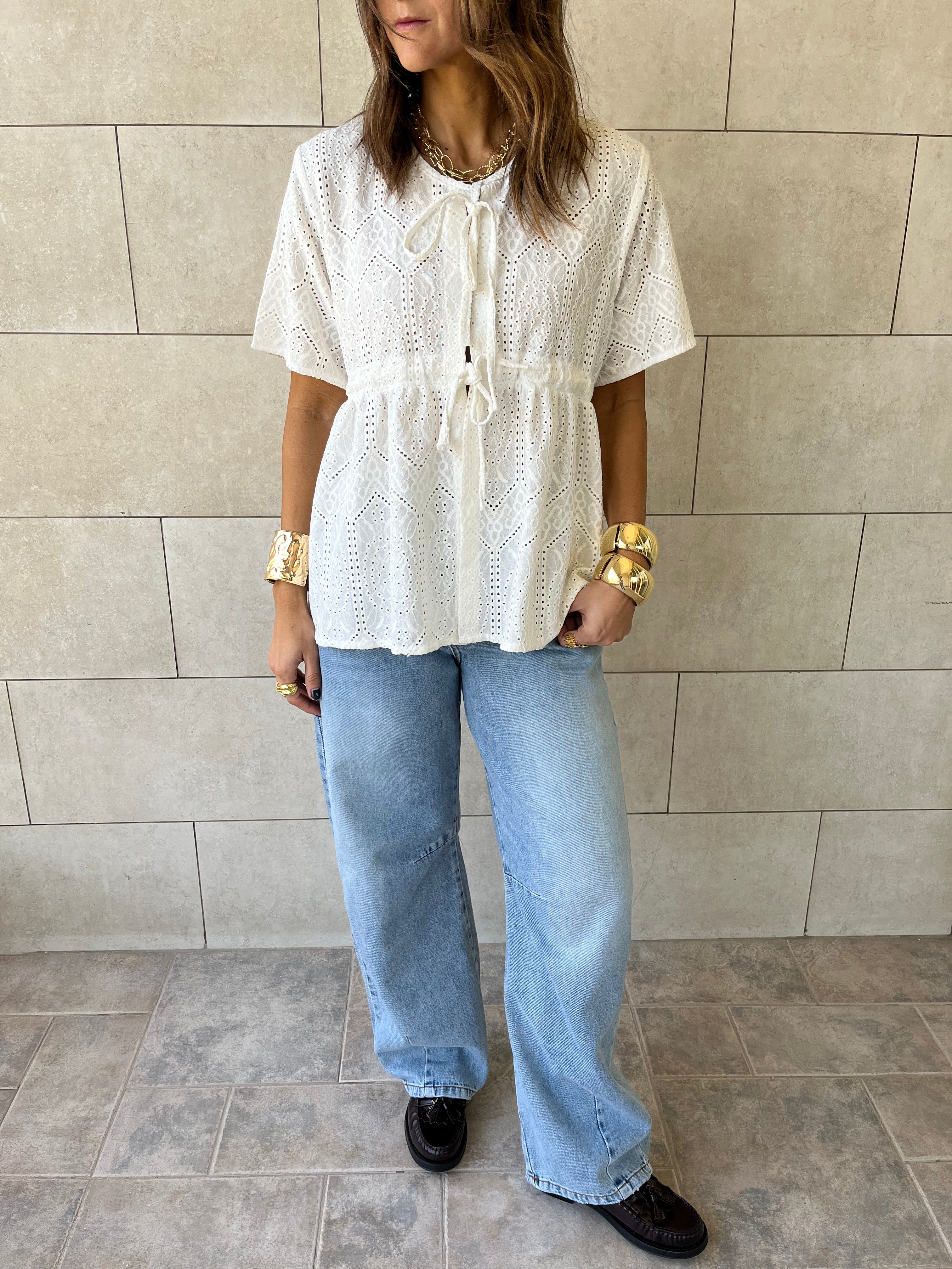 White Romantic Eyelet Shirt Top