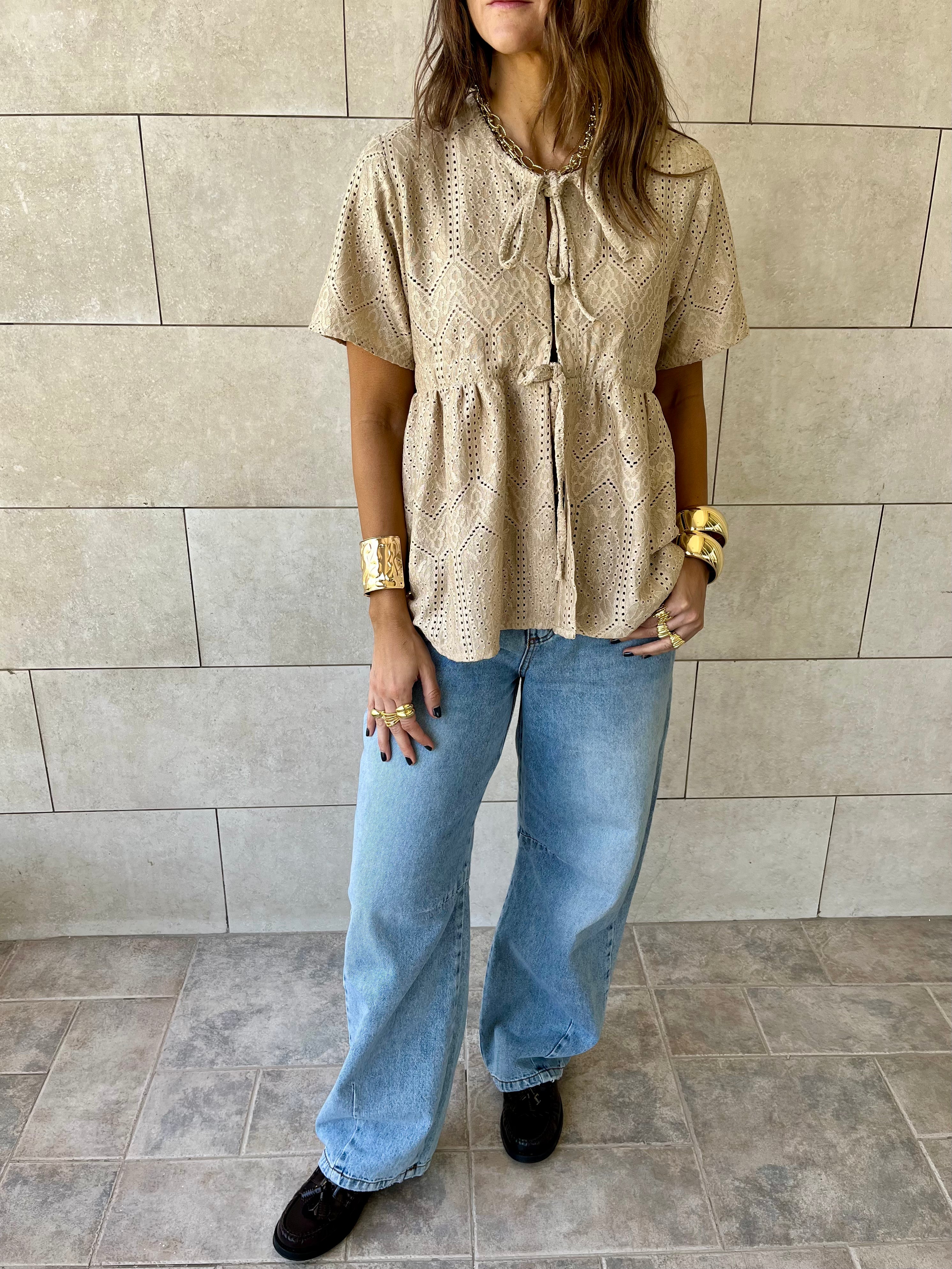 Beige Romantic Eyelet Shirt Top