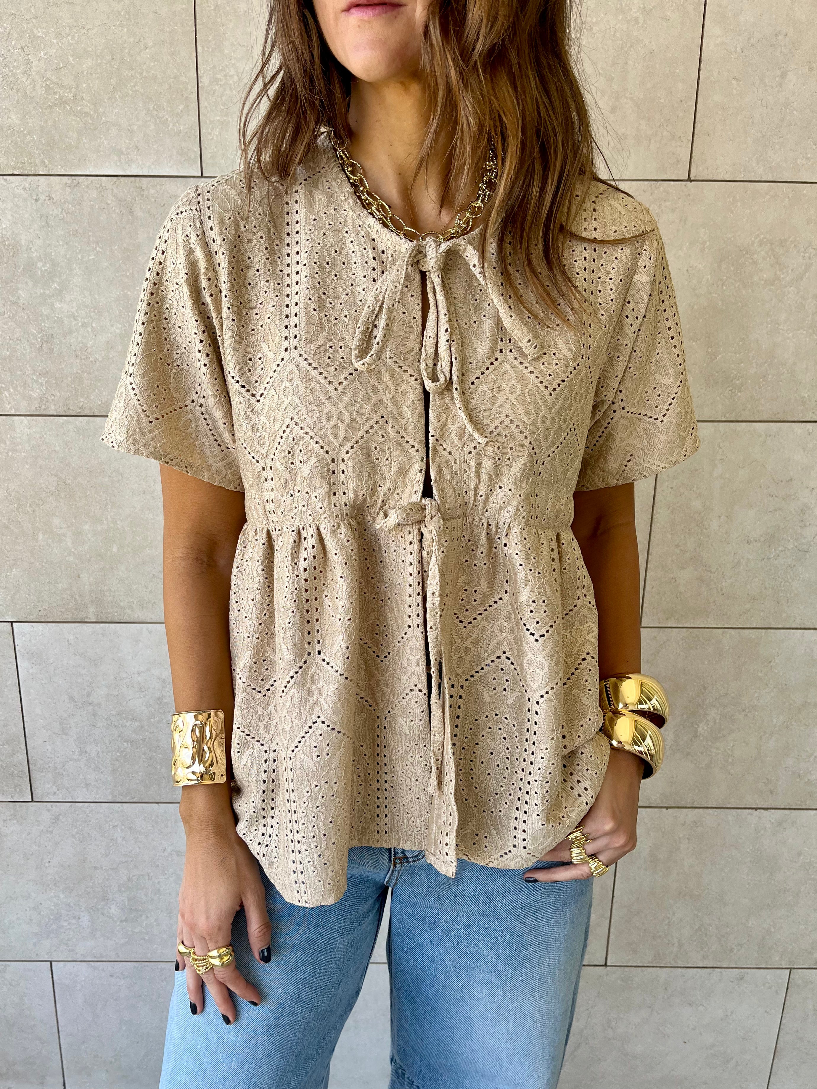 Beige Romantic Eyelet Shirt Top
