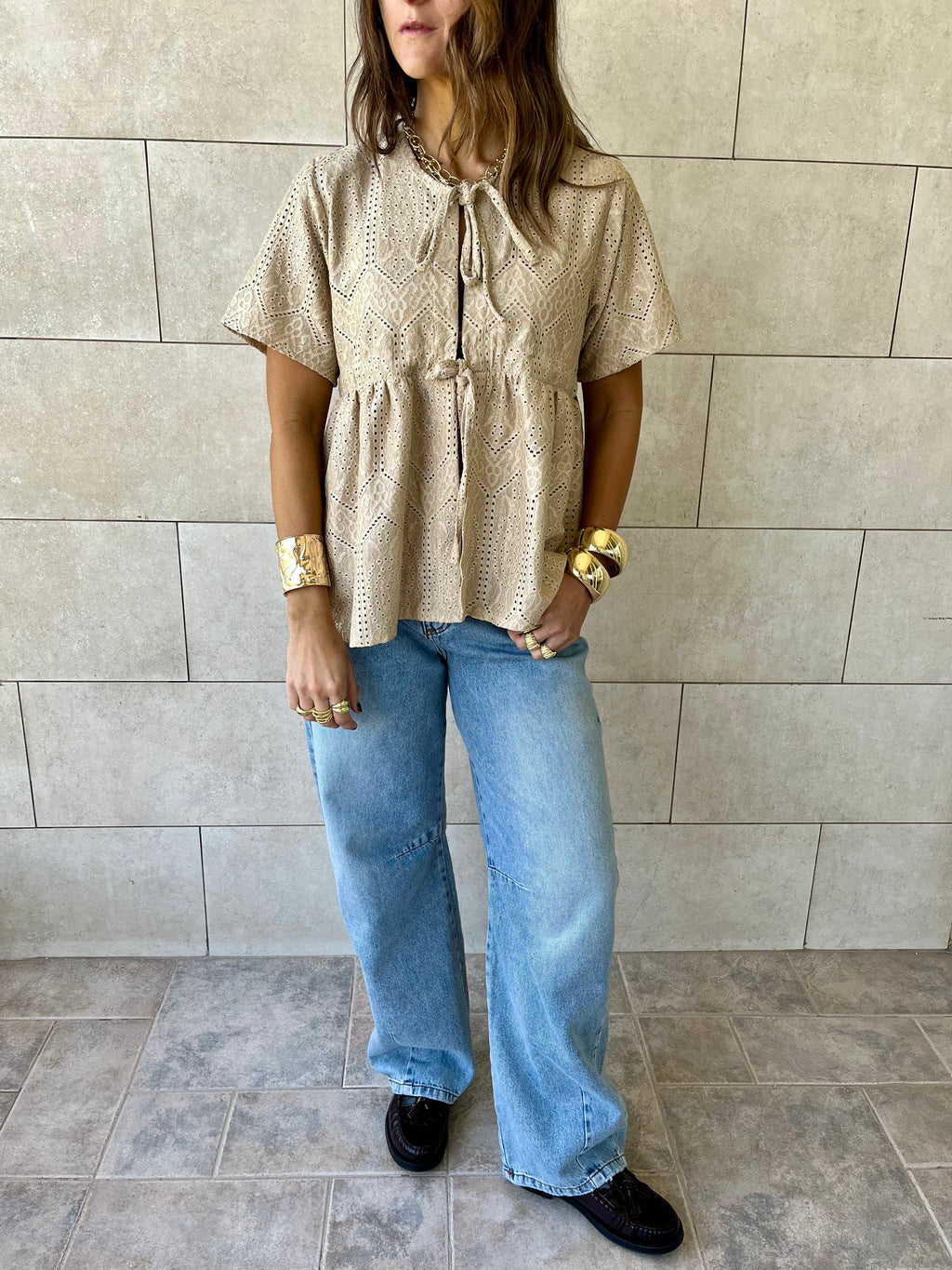 Beige Romantic Eyelet Shirt Top