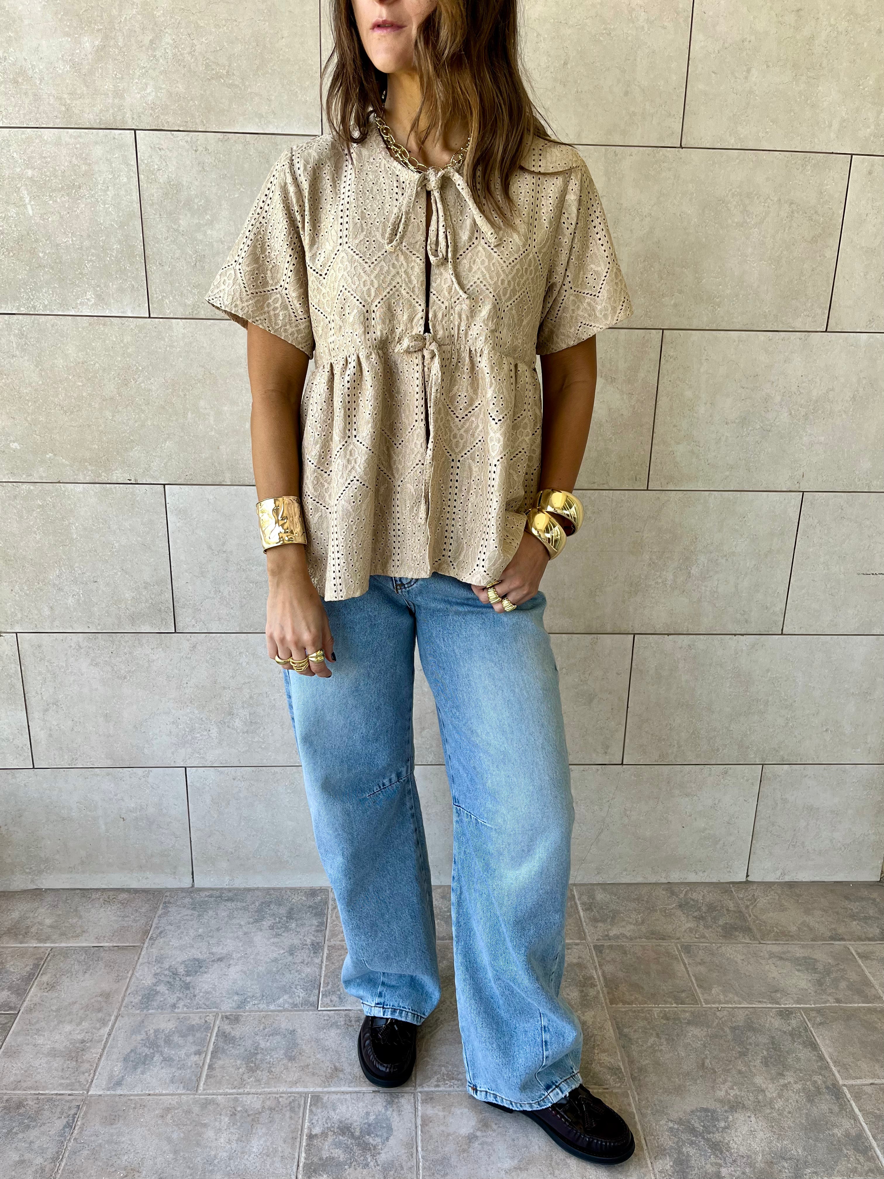 Beige Romantic Eyelet Shirt Top