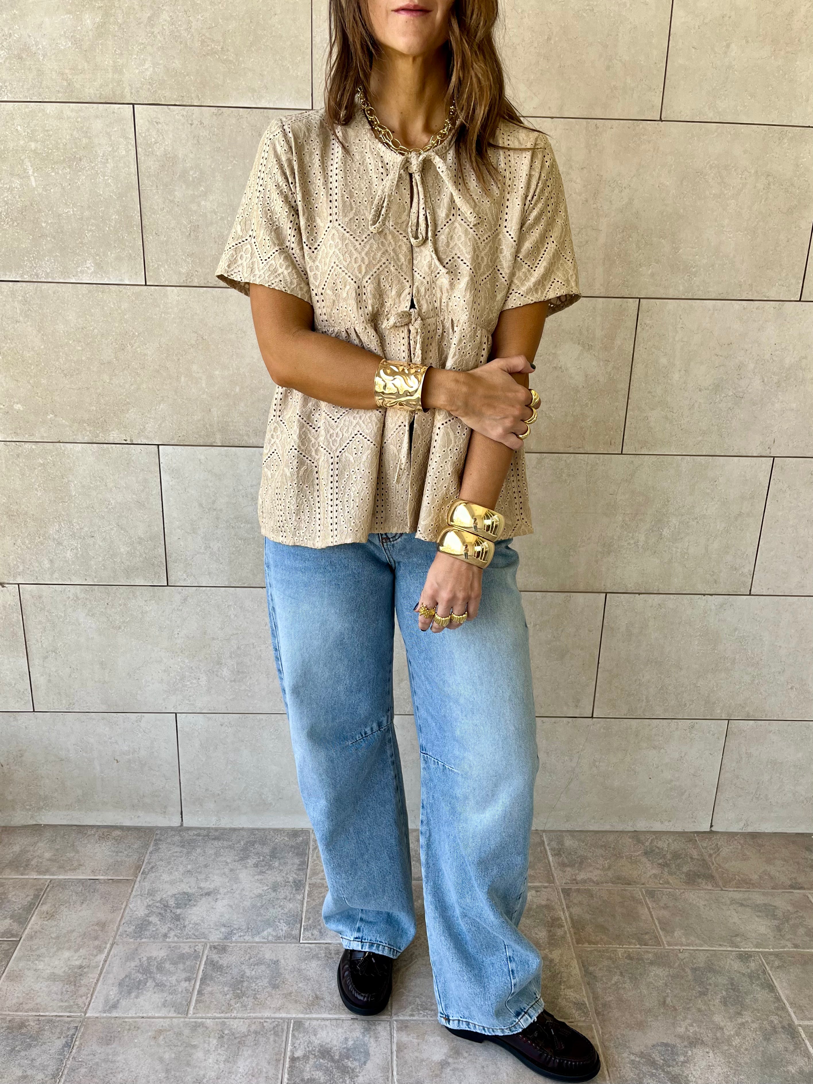 Beige Romantic Eyelet Shirt Top