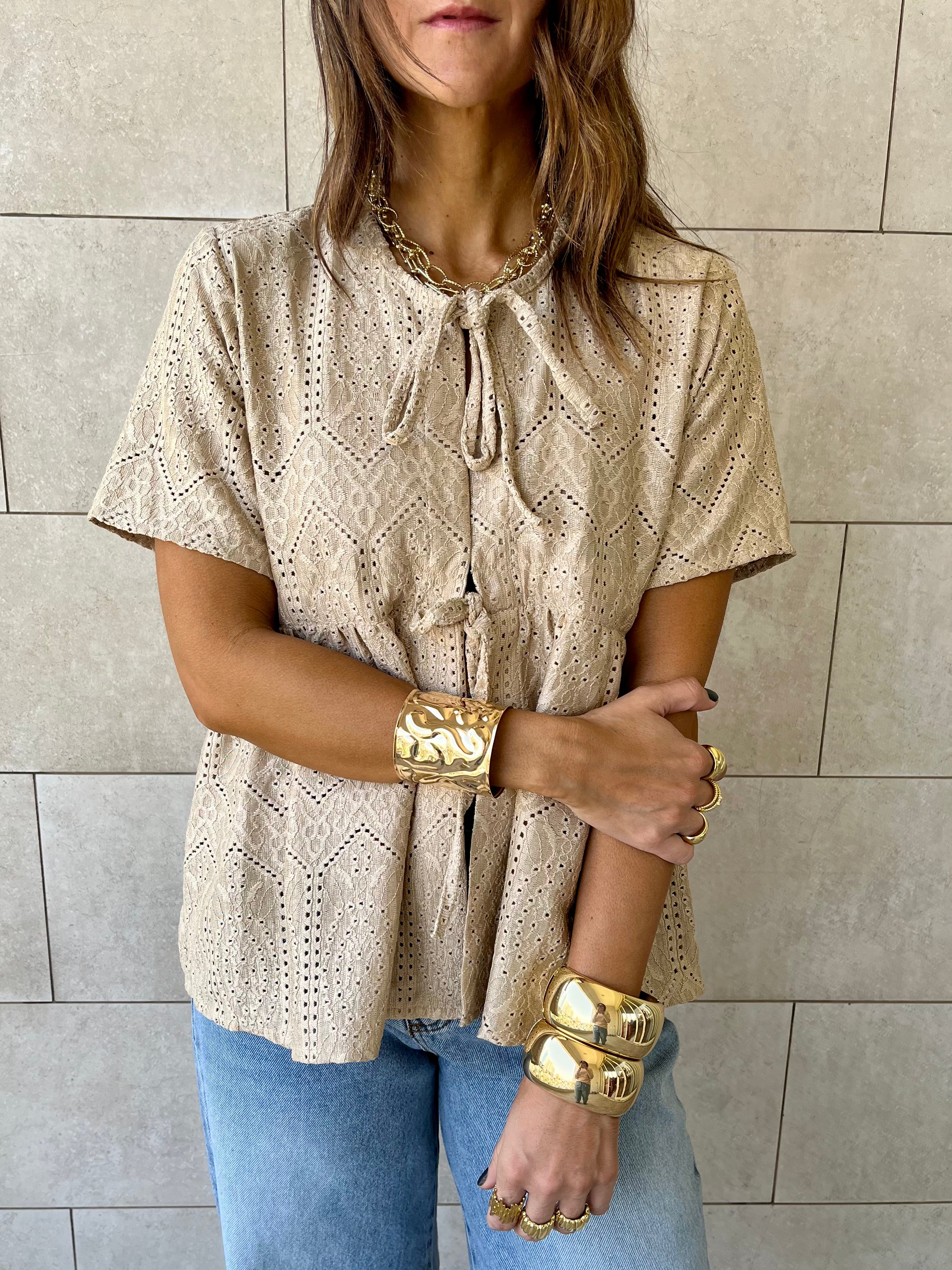 Beige Romantic Eyelet Shirt Top