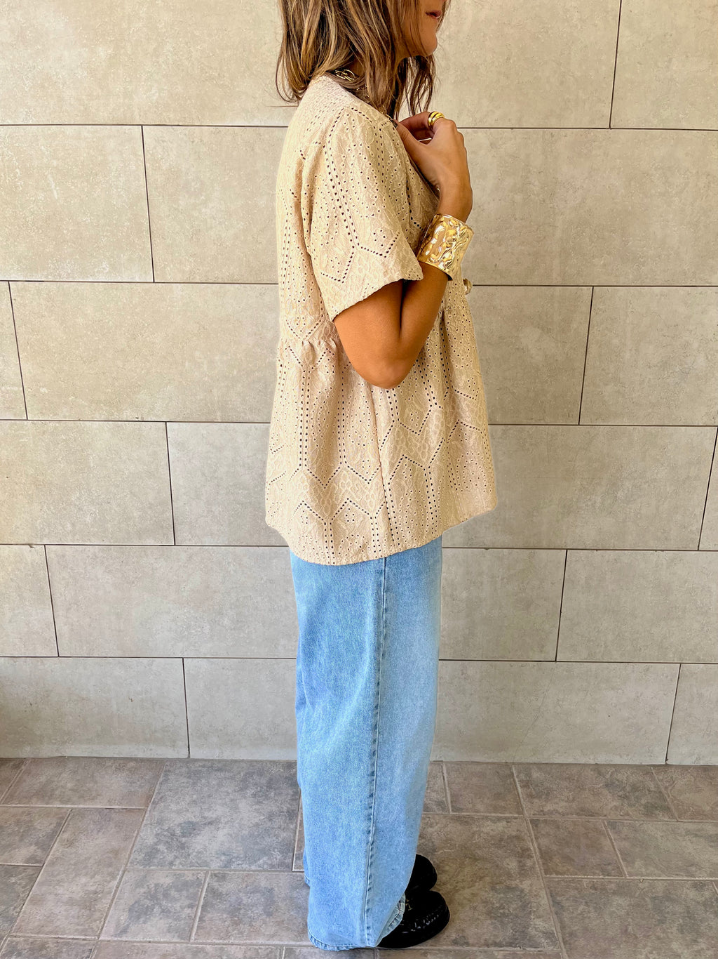 Beige Romantic Eyelet Shirt Top