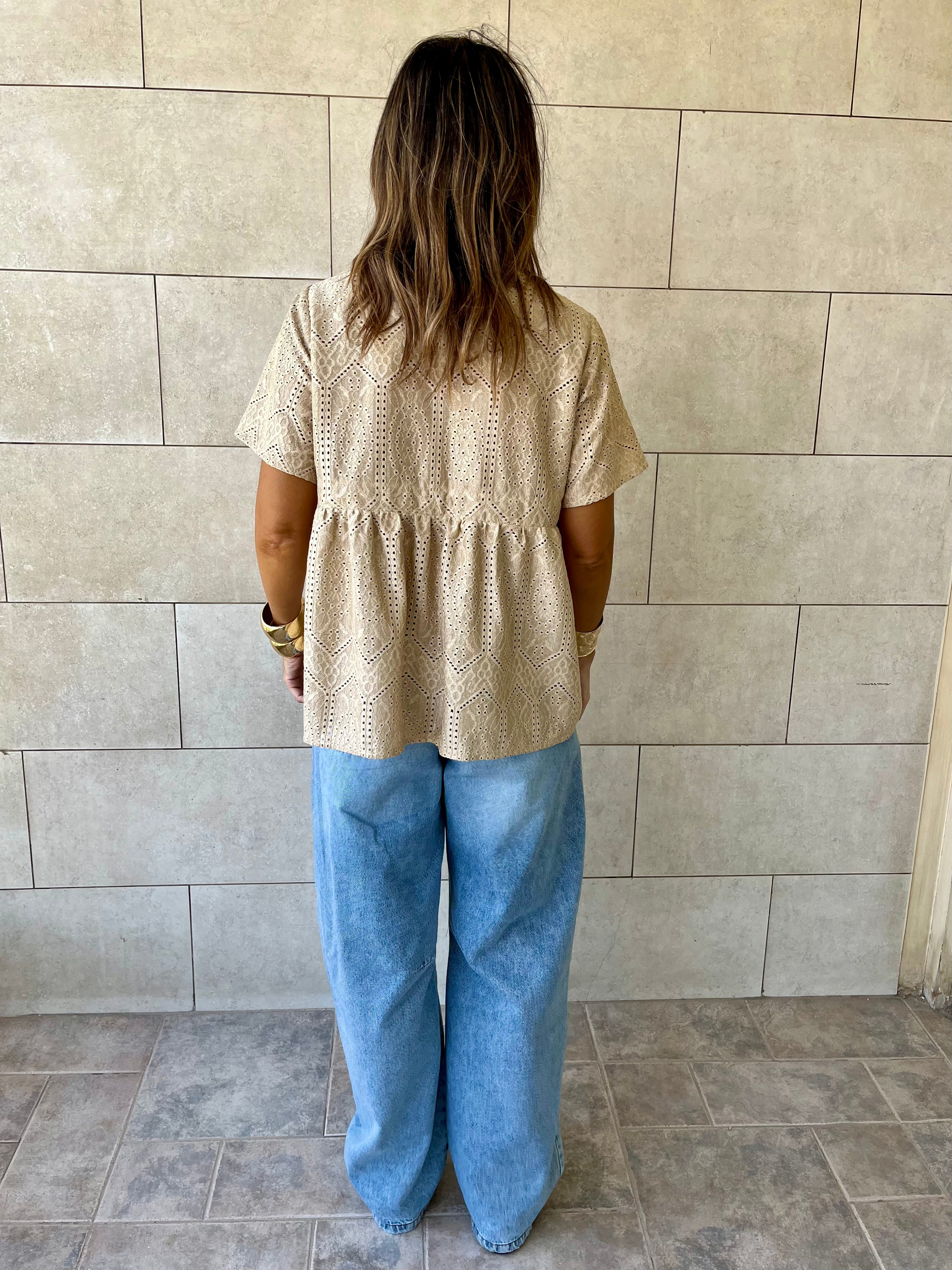 Beige Romantic Eyelet Shirt Top