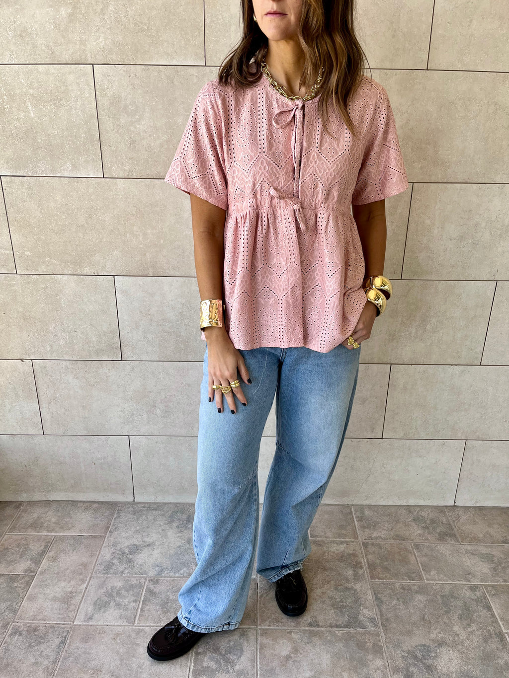 Pink Romantic Eyelet Shirt Top