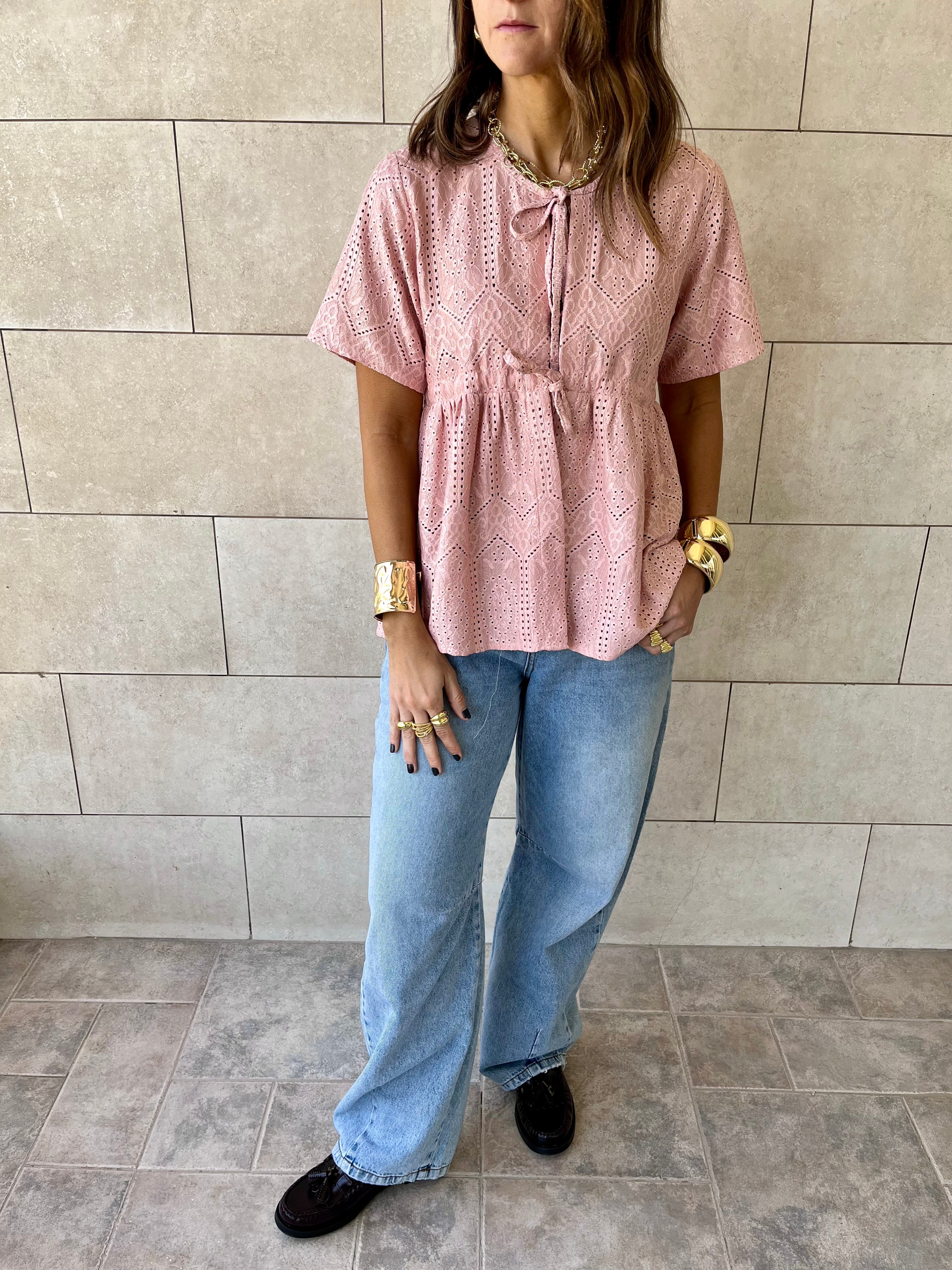 Pink Romantic Eyelet Shirt Top