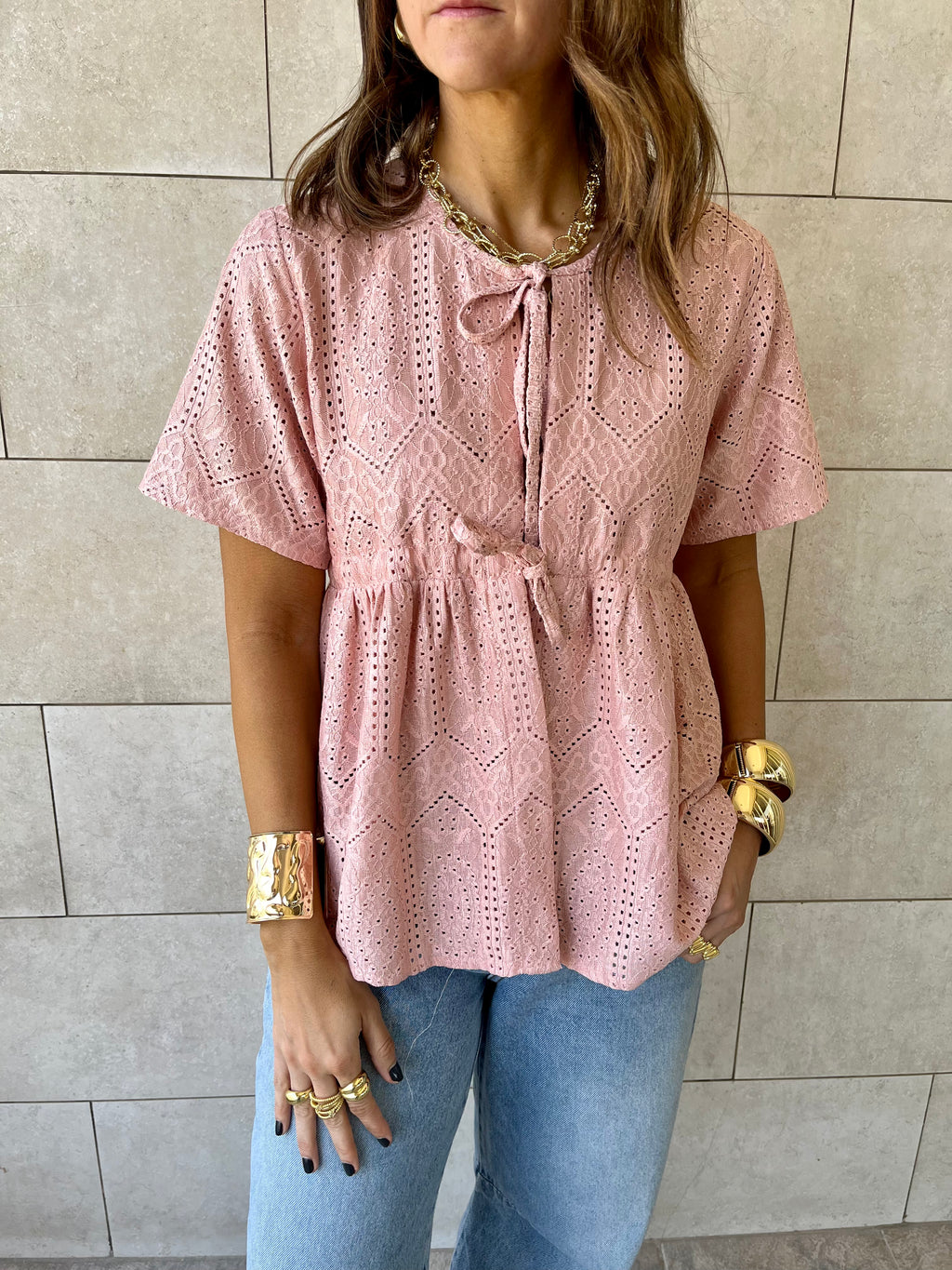 Pink Romantic Eyelet Shirt Top