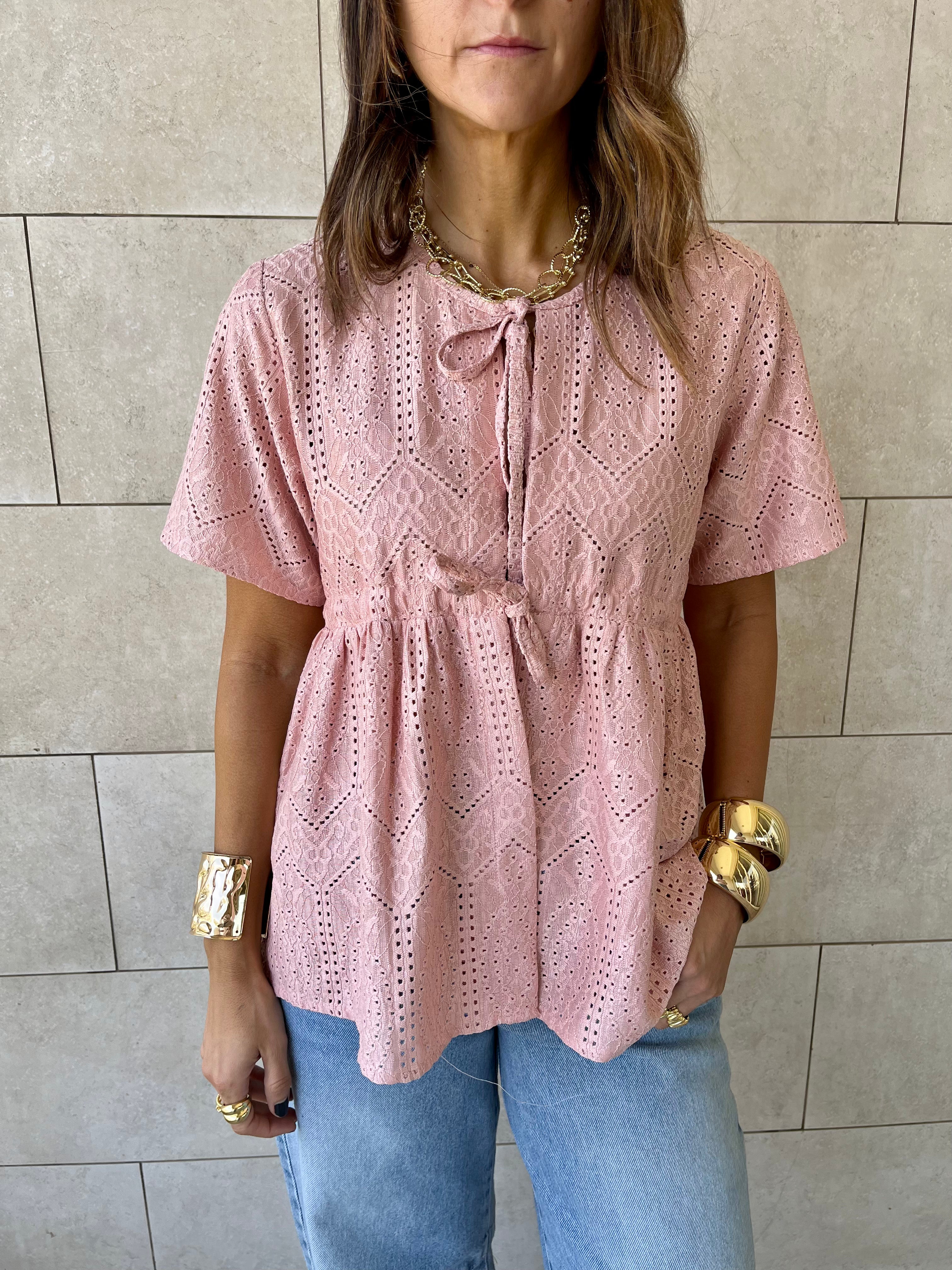 Pink Romantic Eyelet Shirt Top